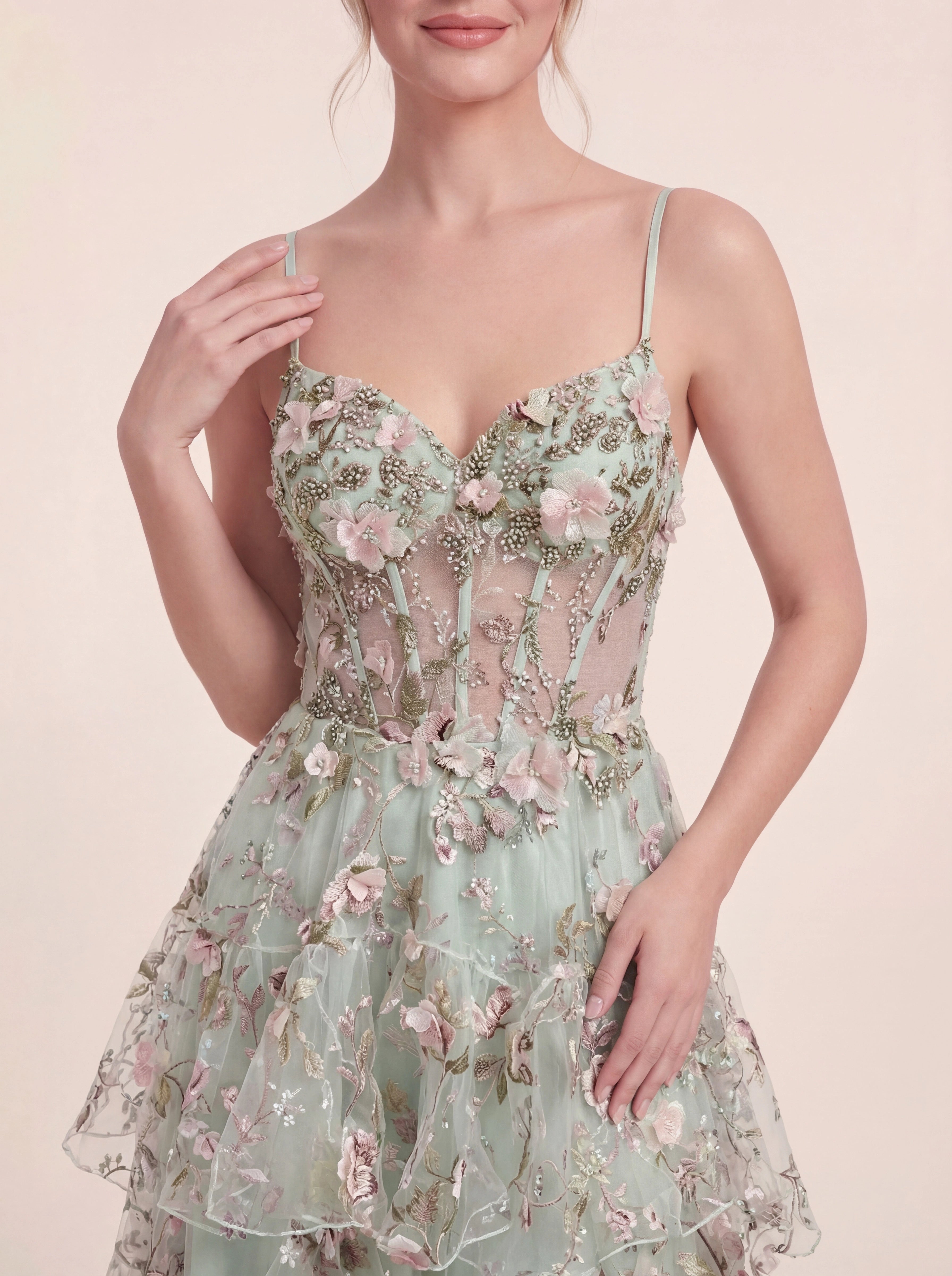 3D Floral Appliqués Strapless Evening Gown