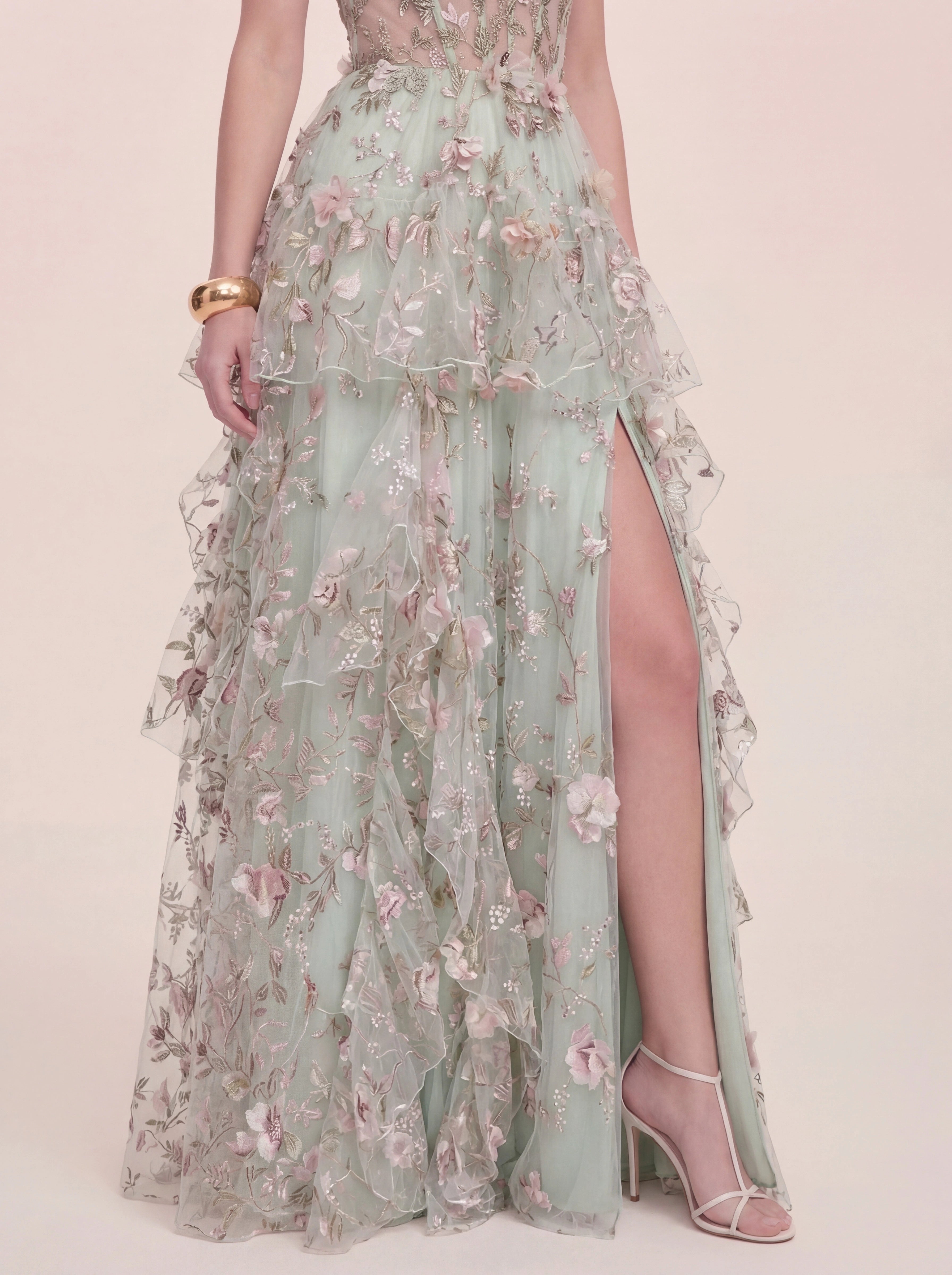 3D Floral Appliqués Strapless Evening Gown