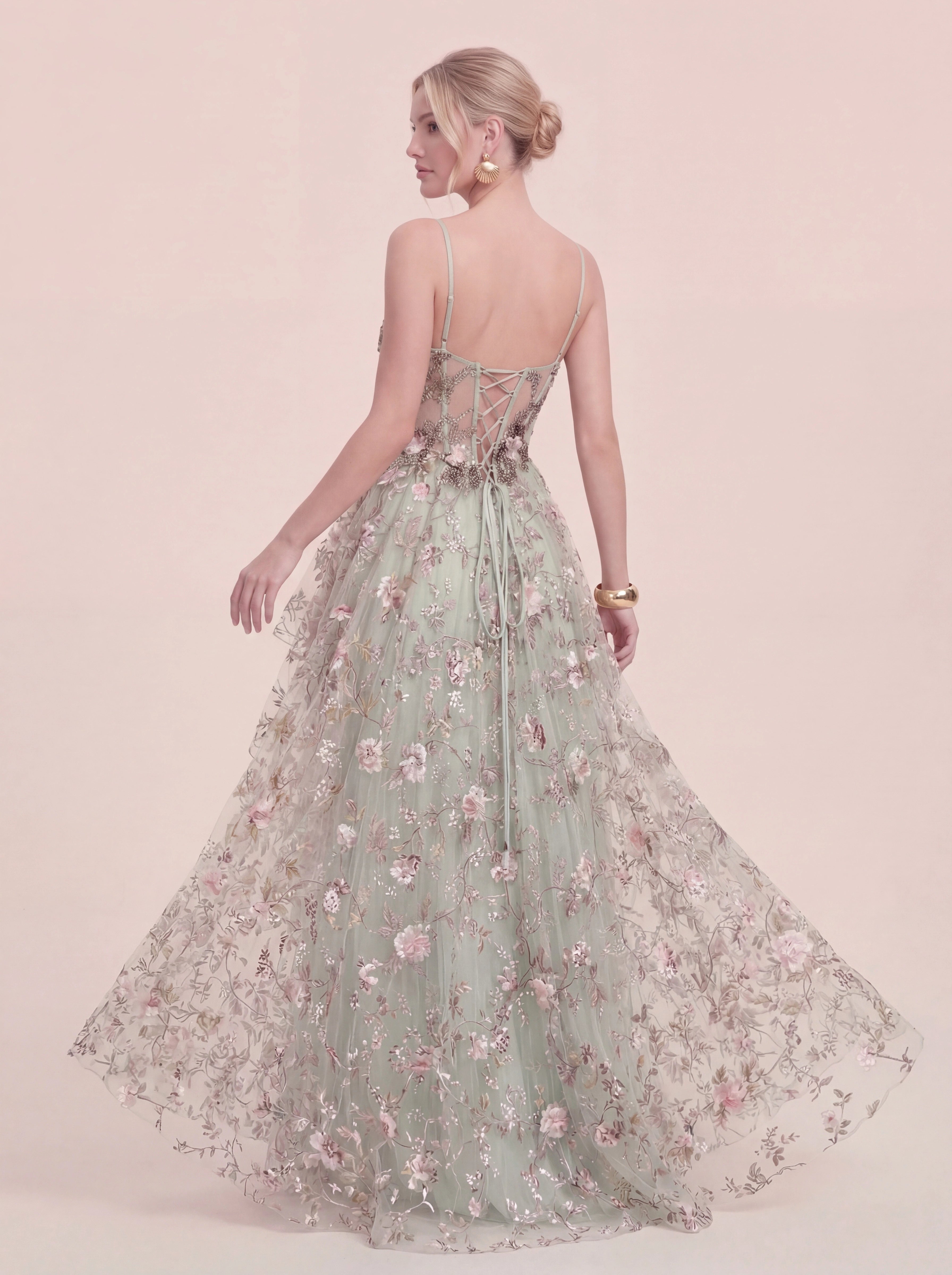 3D Floral Appliqués Strapless Evening Gown