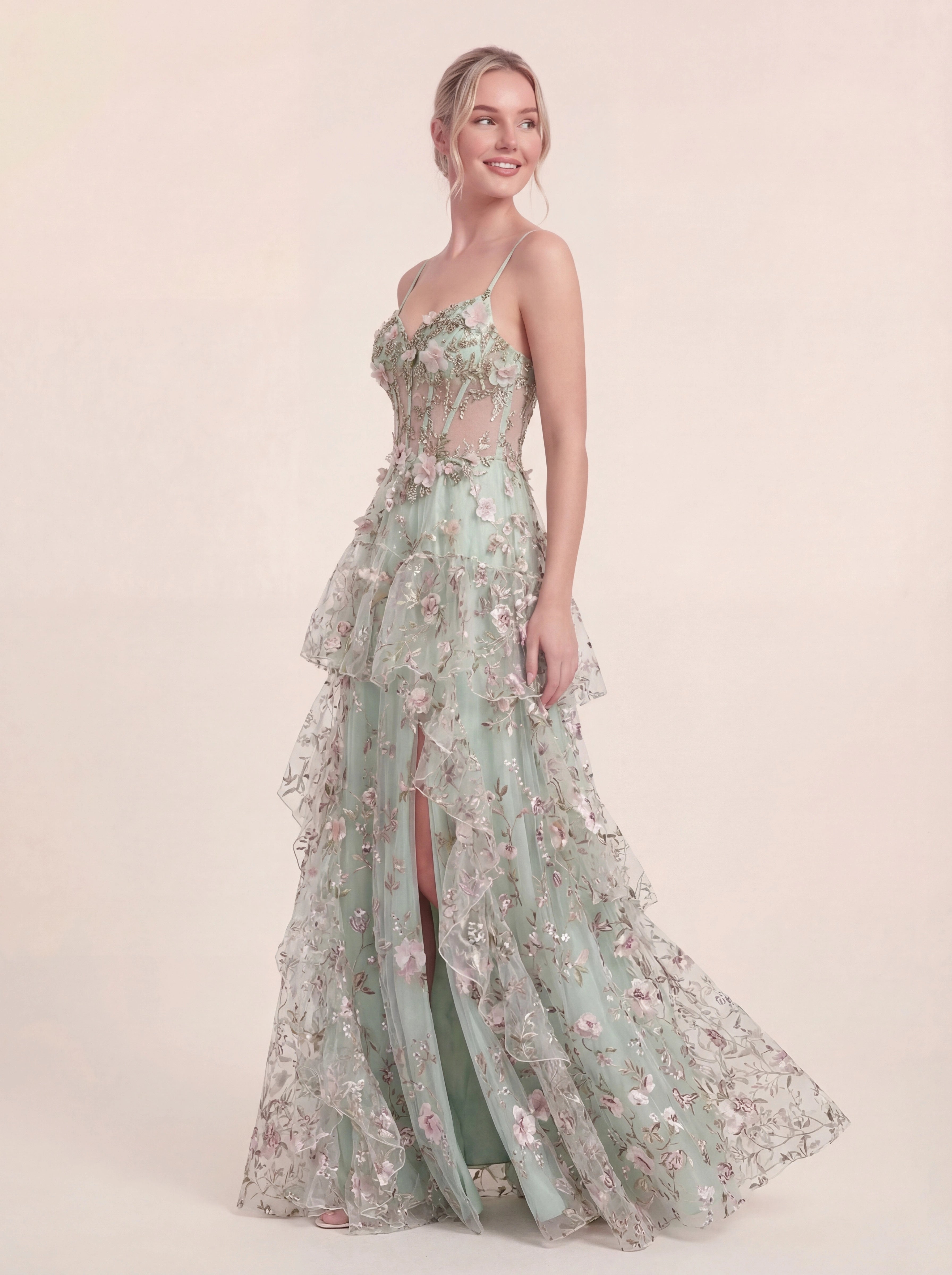 3D Floral Appliqués Strapless Evening Gown
