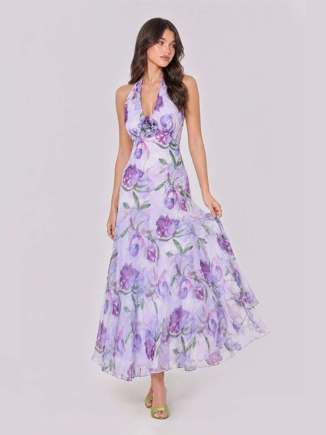 3D Flower Ruched Halterneck Maxi Dress