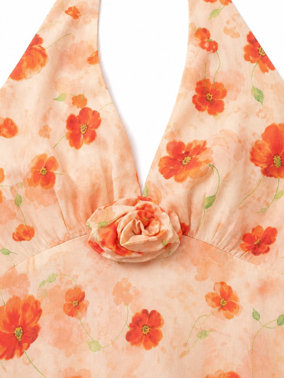 3D Flower Ruched Halterneck Maxi Dress