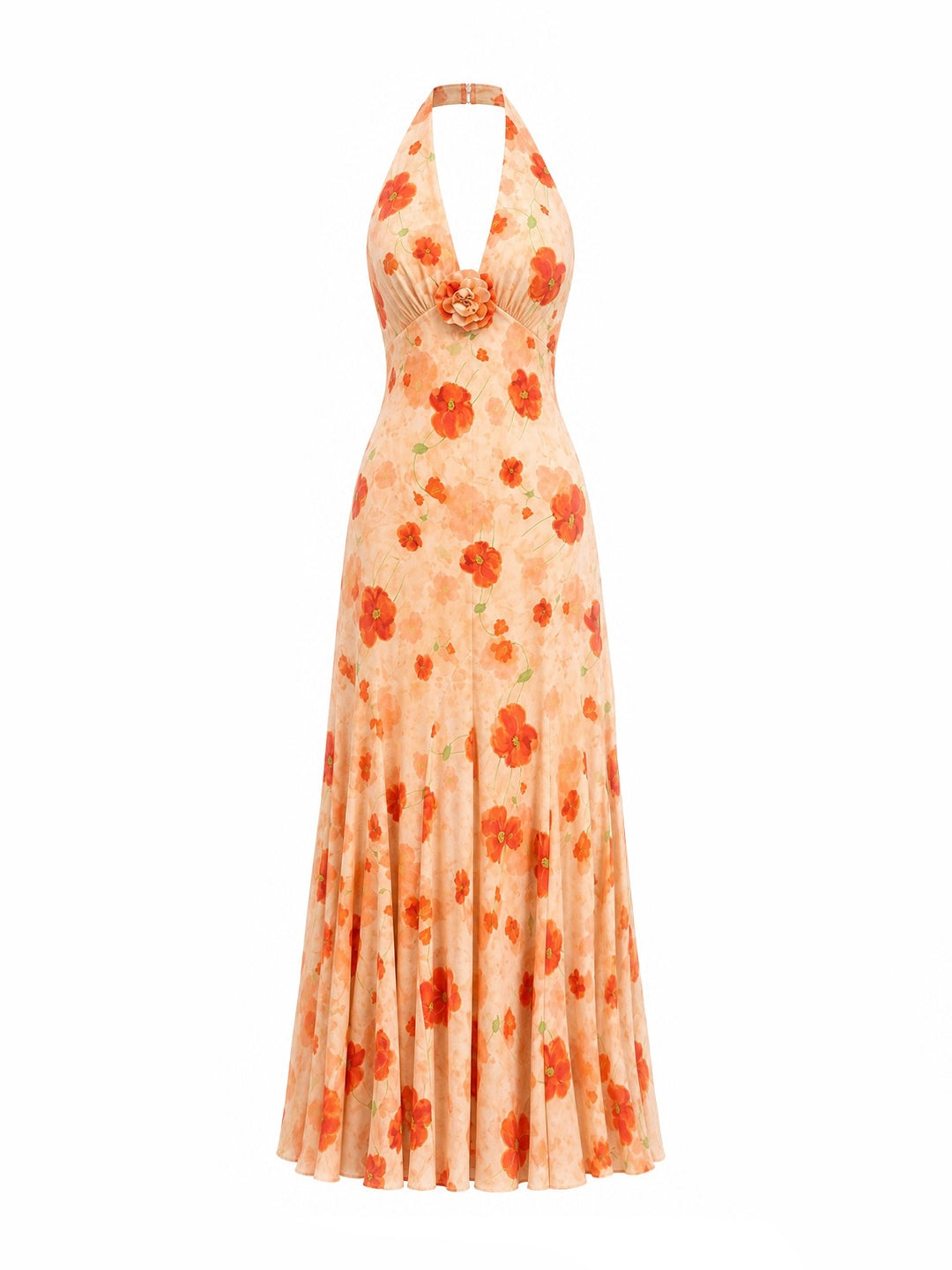 3D Flower Ruched Halterneck Maxi Dress