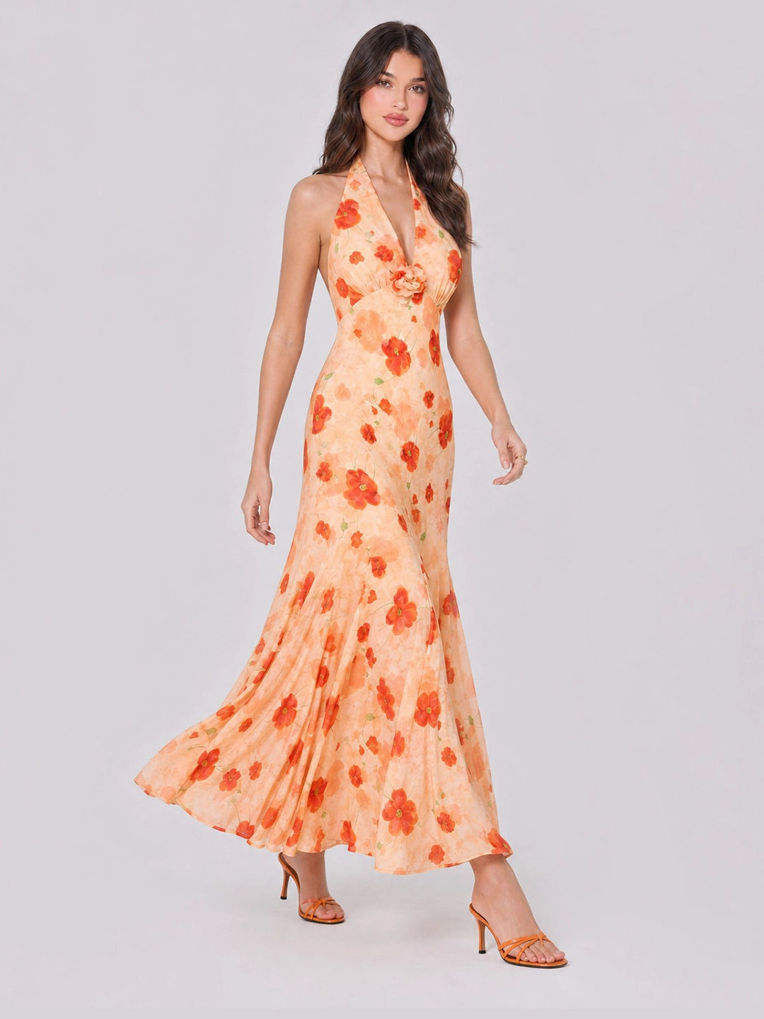 3D Flower Ruched Halterneck Maxi Dress