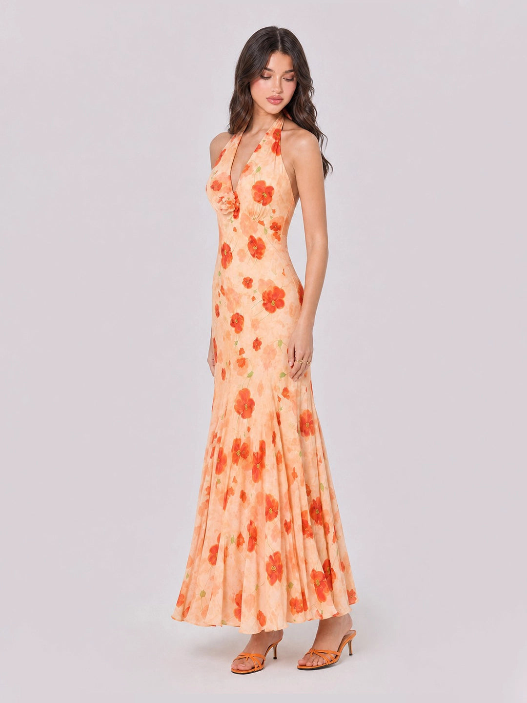 3D Flower Ruched Halterneck Maxi Dress