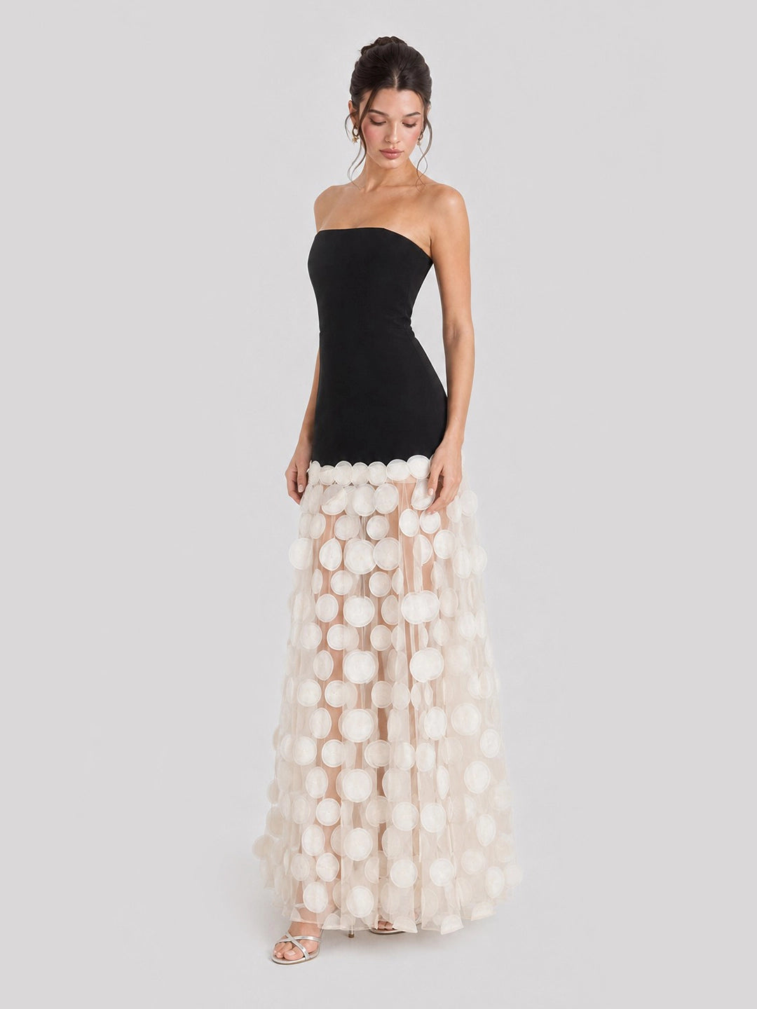 3D Polka Dot Embellished Hem Maxi Dress