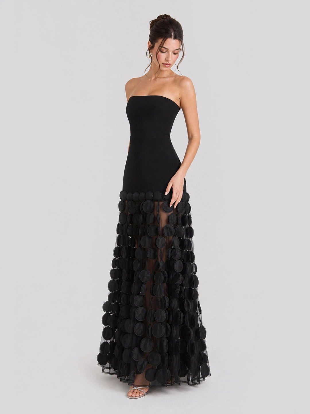 3D Polka Dot Embellished Hem Maxi Dress