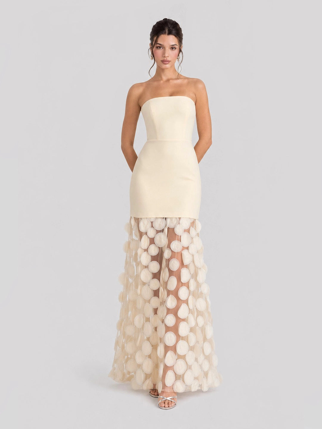 3D Polka Dot Embellished Hem Maxi Dress