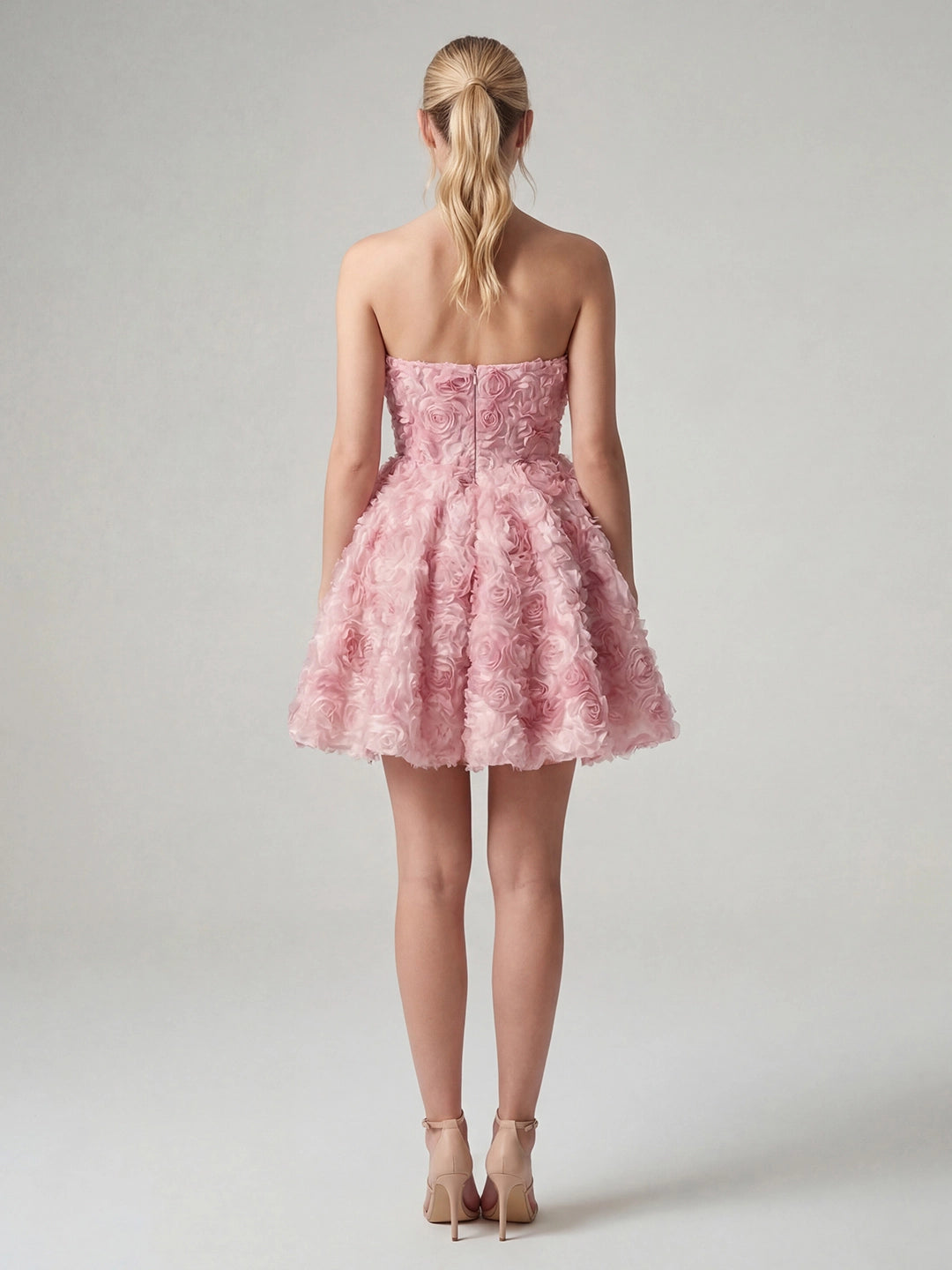 3D Rose Appliqué Strapless Mini Dress