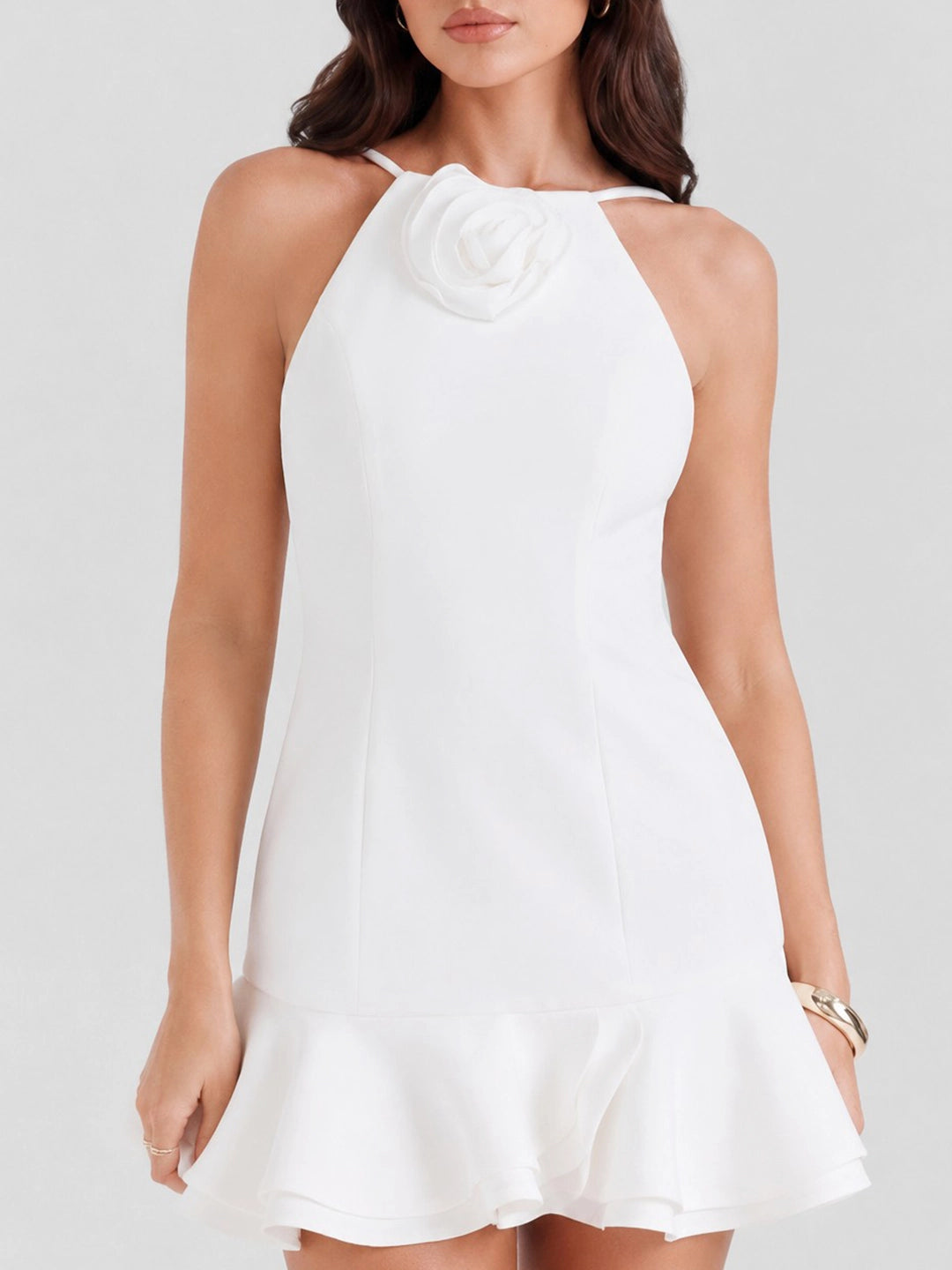 Rosette Open-Back Halter Mini Dress