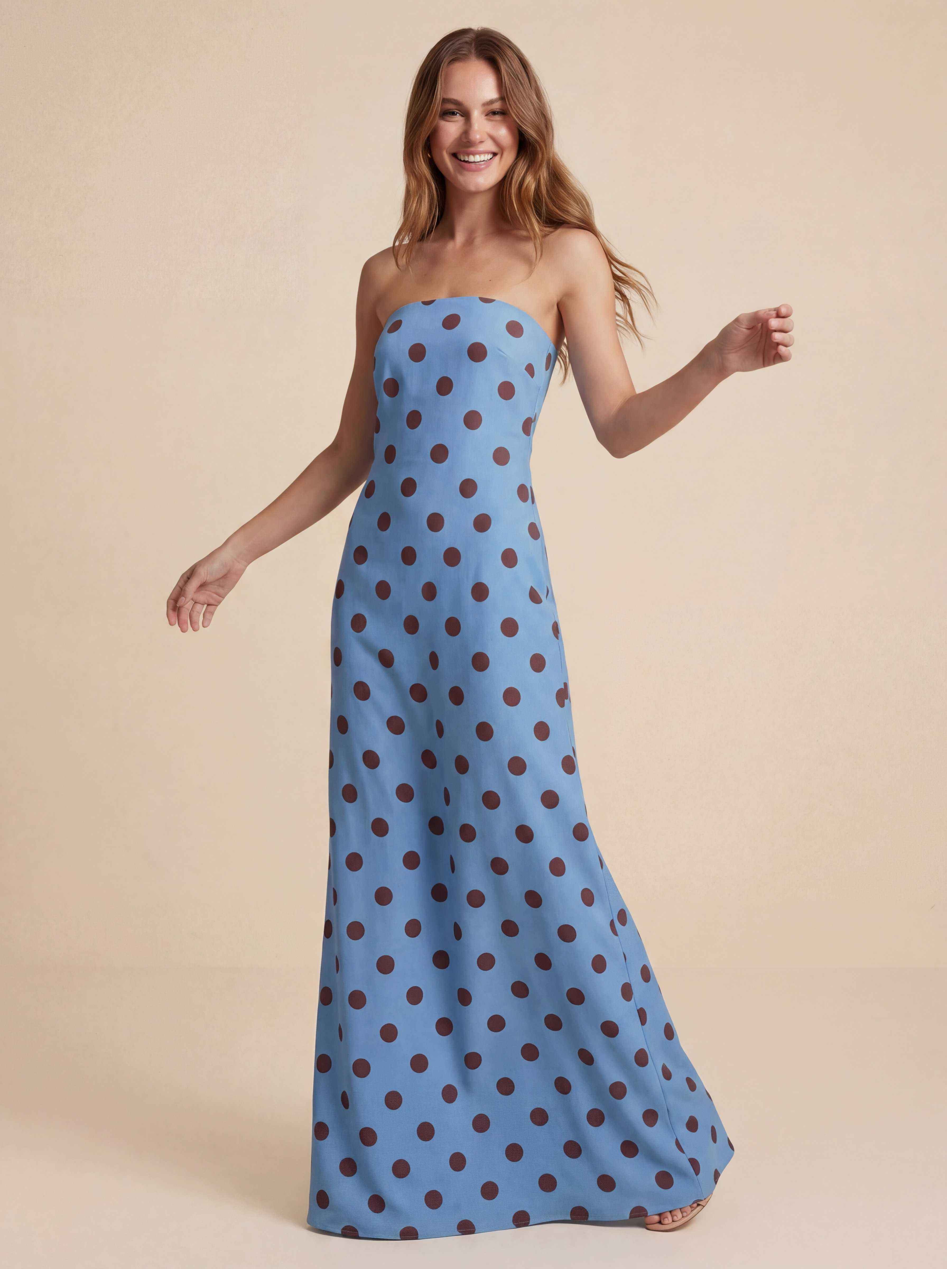 Strapless Polka Dot Chiffon Flowing Maxi Dress