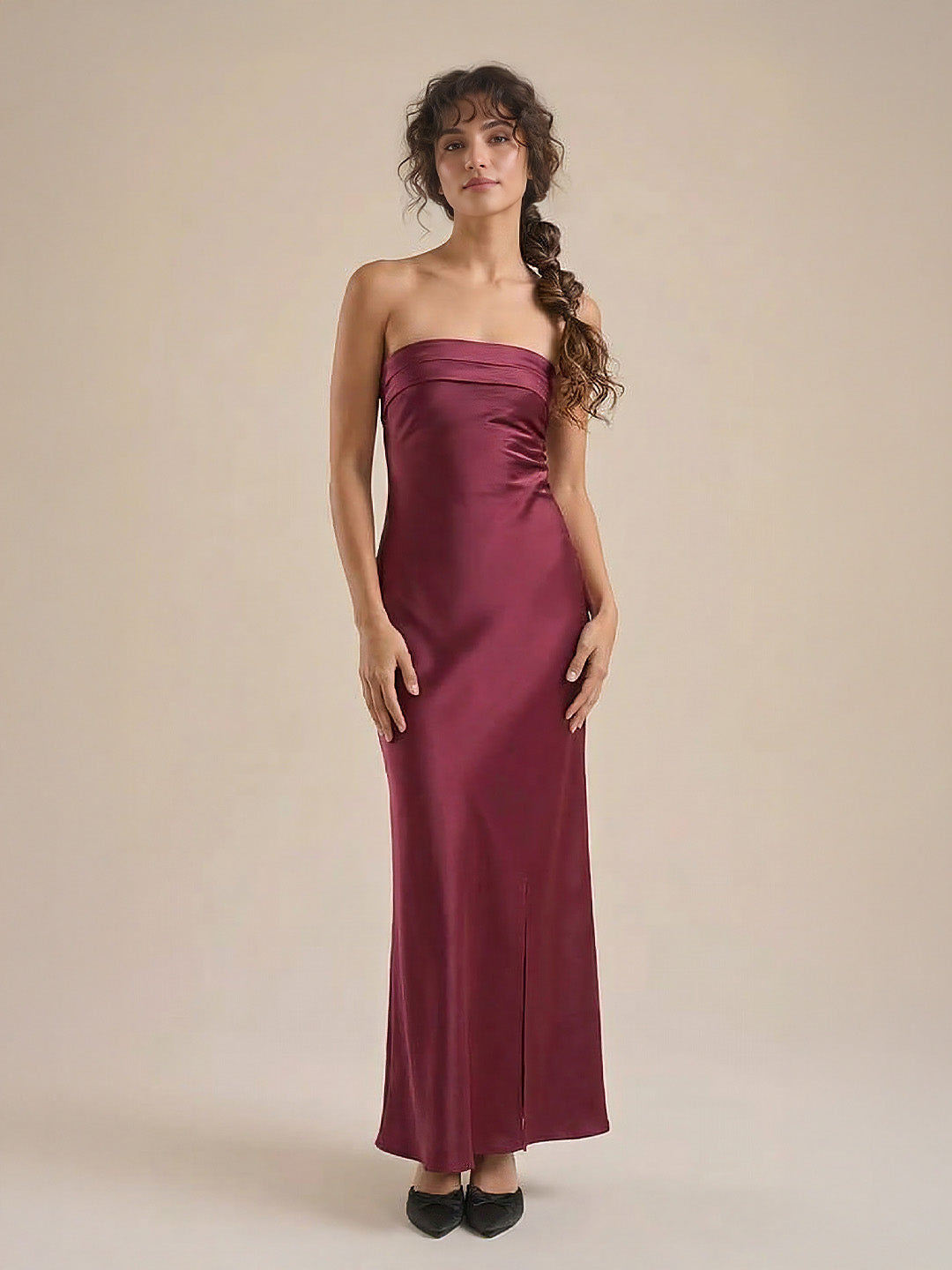 Sleek Strapless Bodycon Satin Maxi Dress