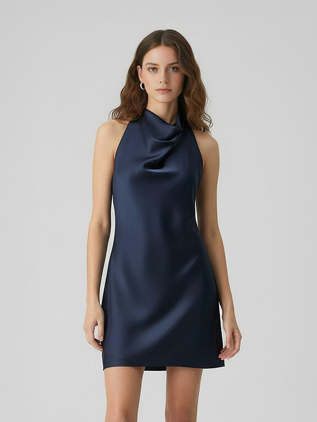 Sleek Bias-Cut Satin Halterneck Mini Dress
