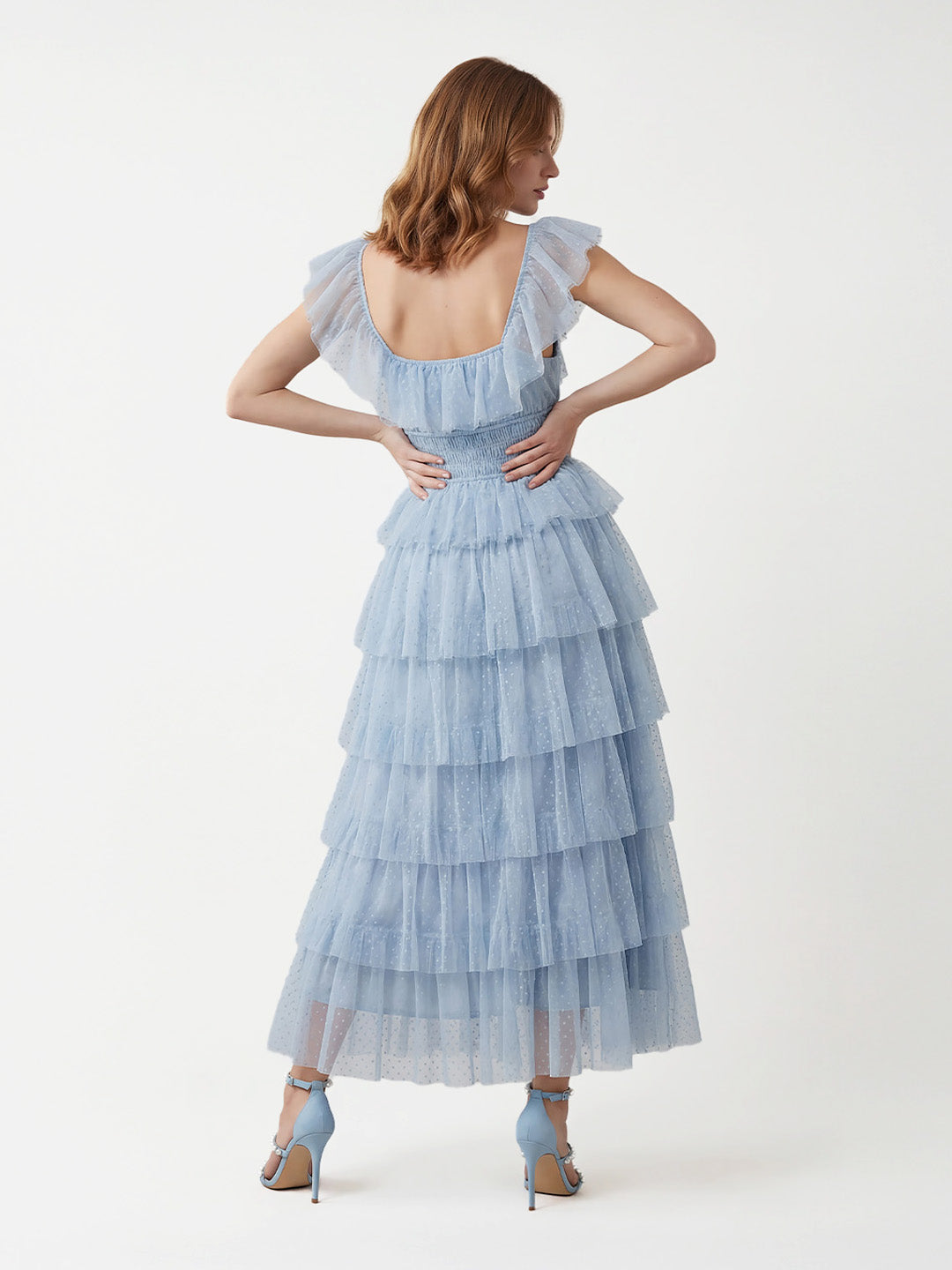 Layered ruffled tulle maxi dress