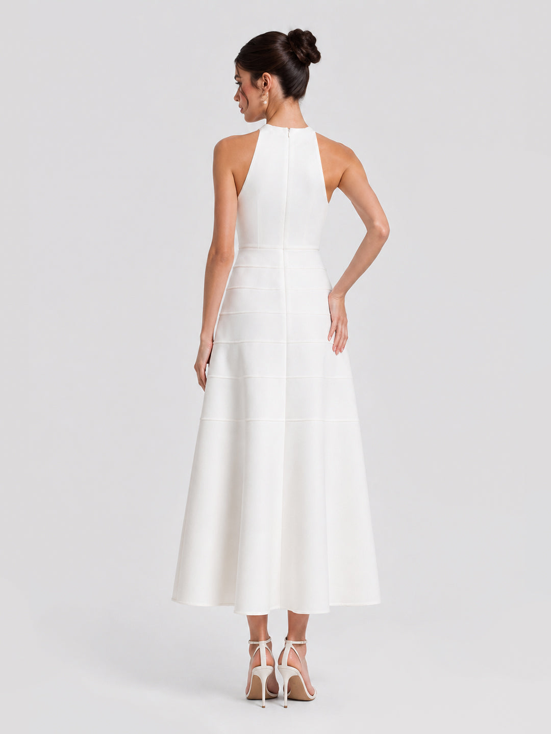 White Pearl Embellished Halter A-Line Midi Dress