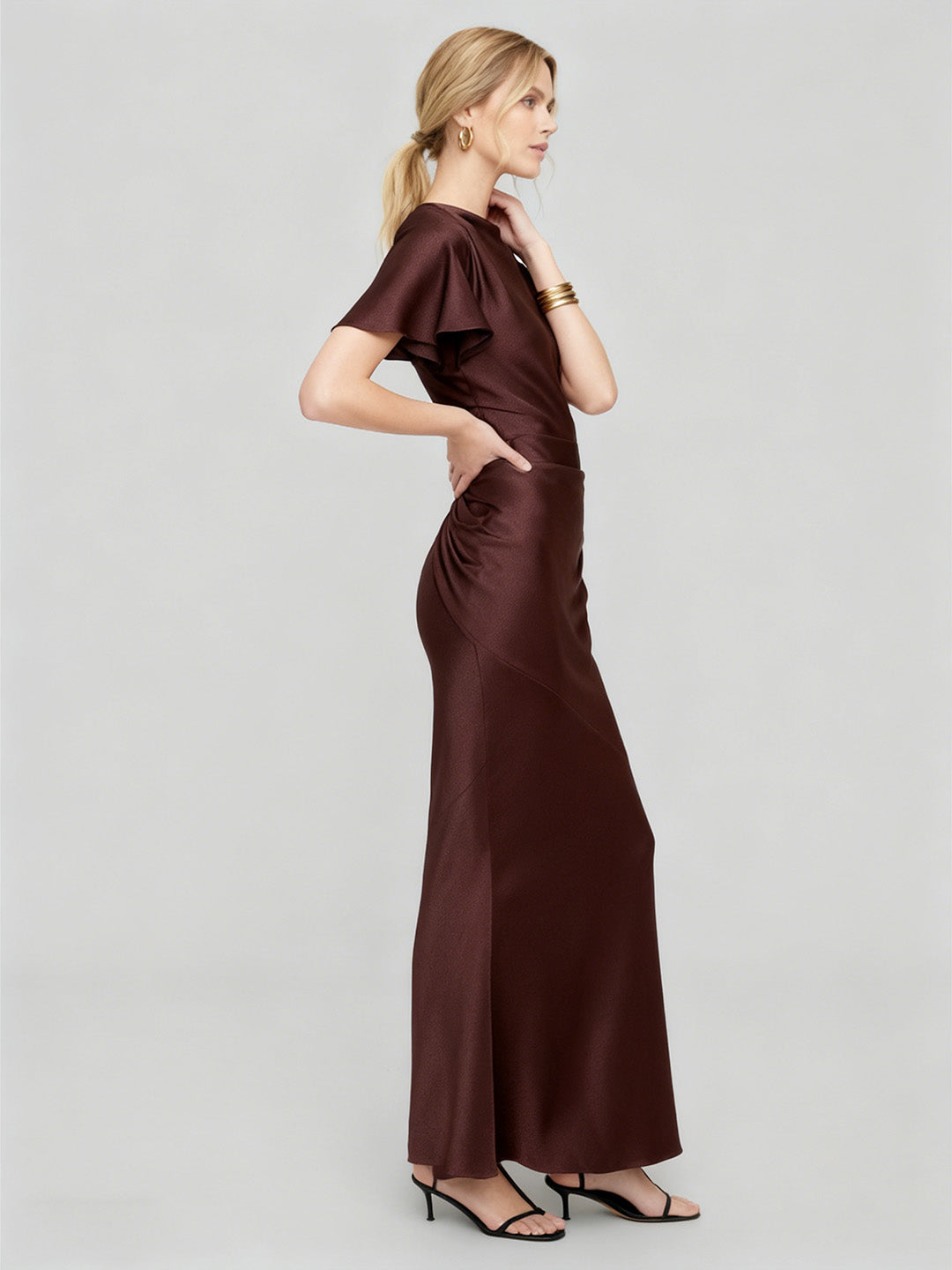 Asymmetrical Hammered Satin Draped Maxi Dress