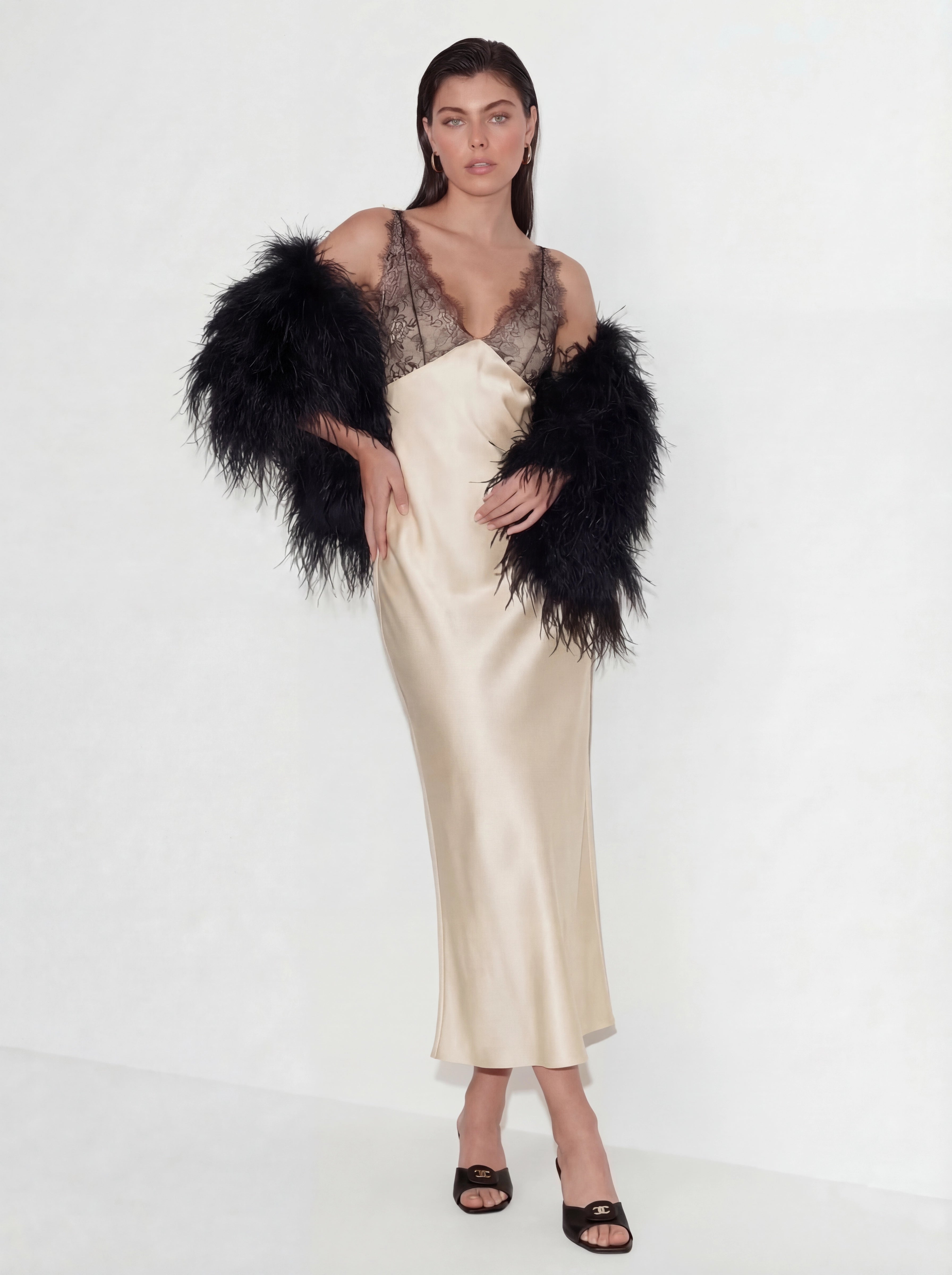 Elegant Lace-Paneled Satin Midi Dress