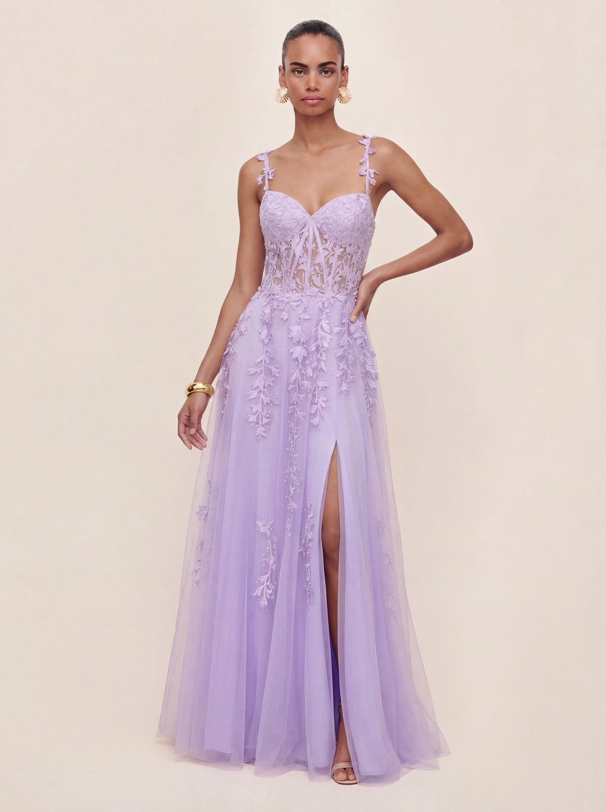 Leaf Strap Lace Embroidered A-Line Prom Gown