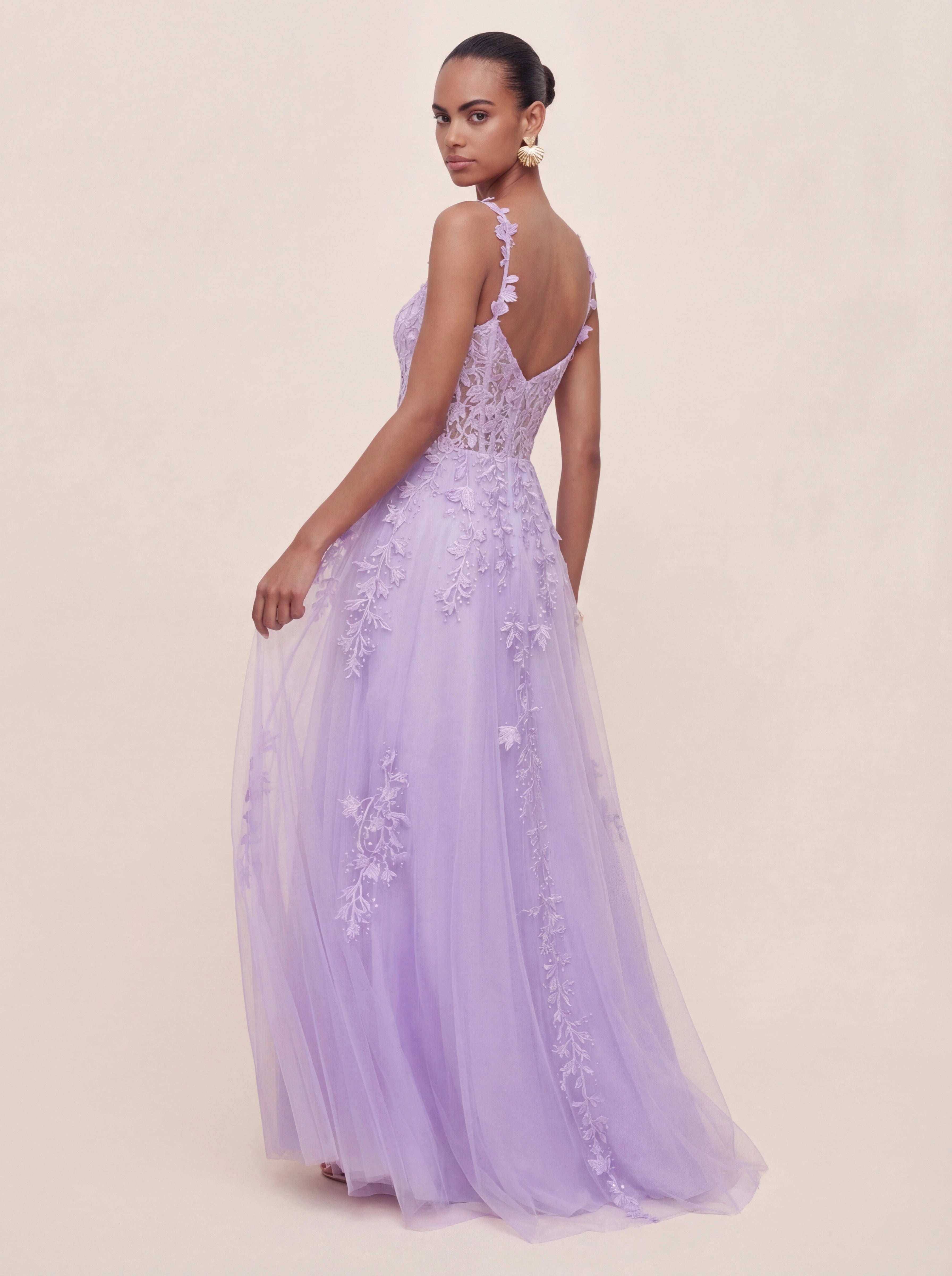 Leaf Strap Lace Embroidered A-Line Prom Gown