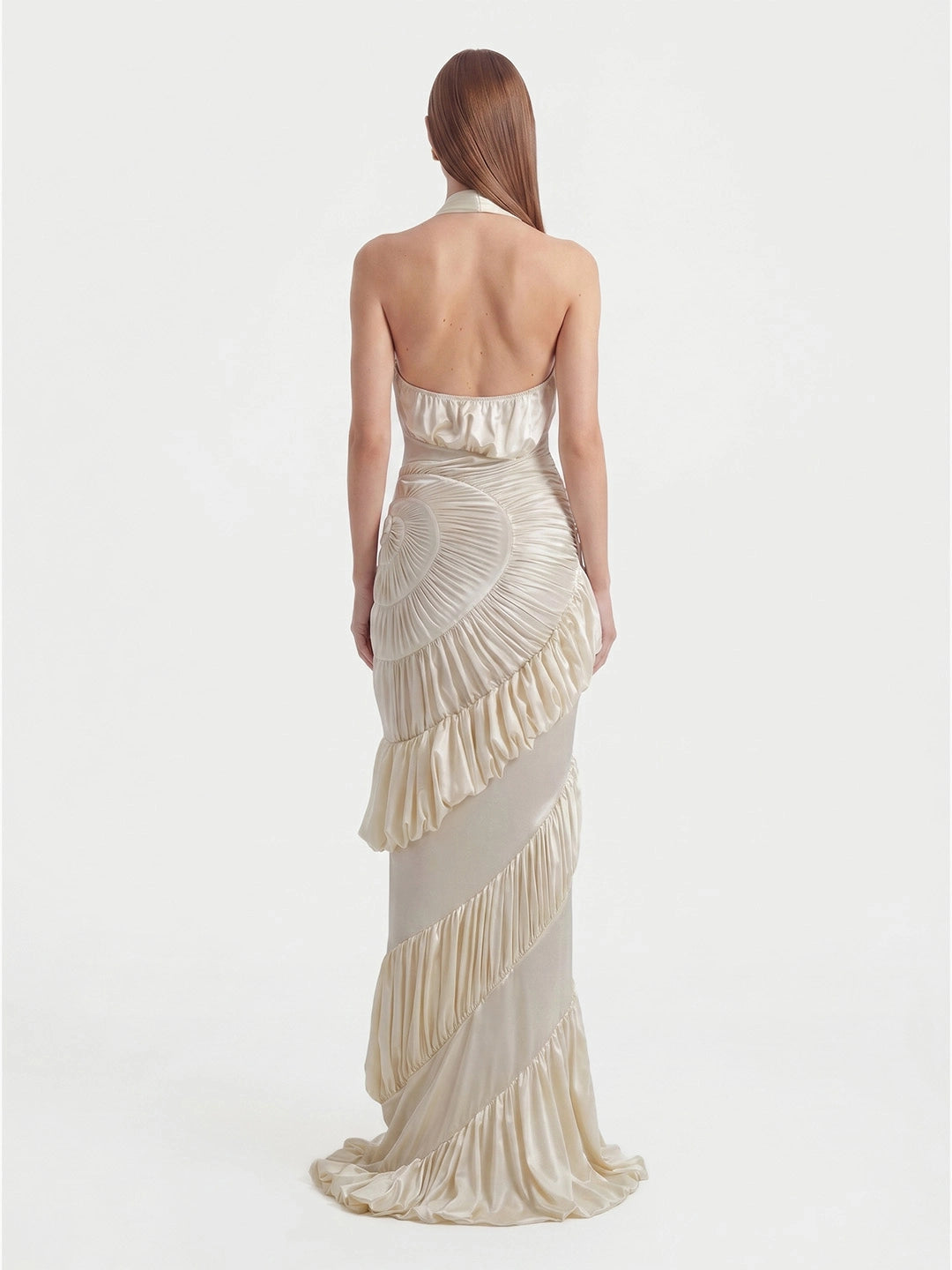 Ammonite-Inspired Spiral-Ruched Maxi Gown