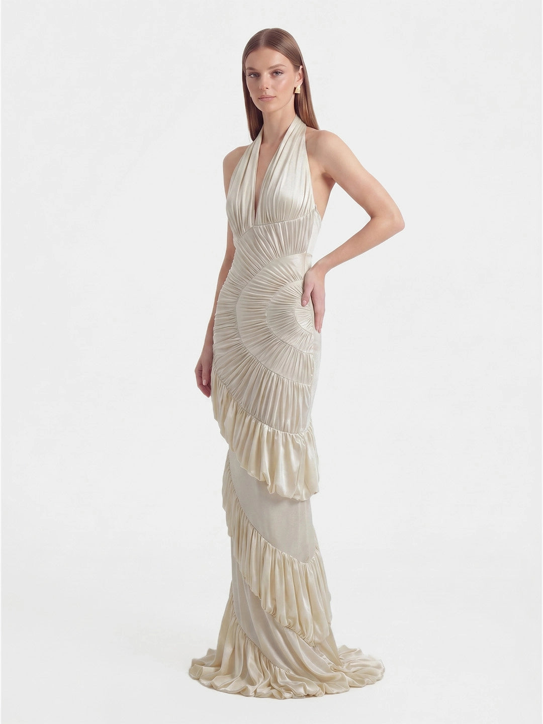 Ammonite-Inspired Spiral-Ruched Maxi Gown