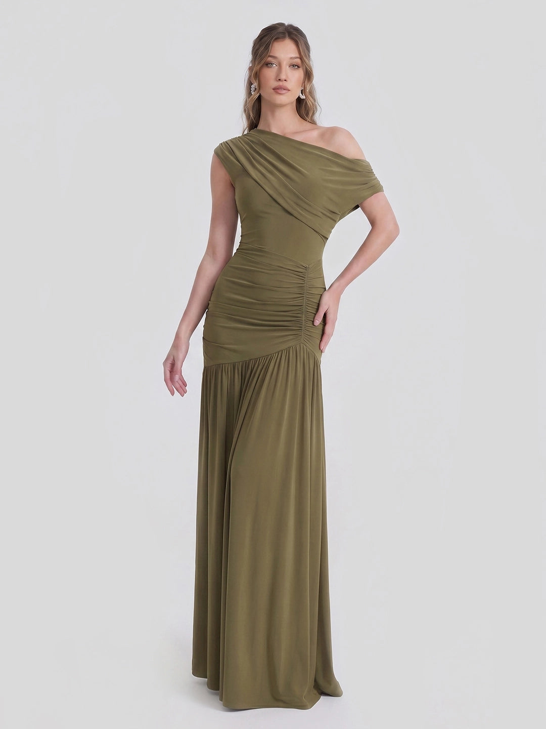 Asymmetric-Neck Maxi Dress With Ruched Detailing
