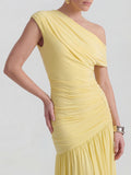 Asymmetric-Neck Maxi Dress With Ruched Detailing