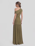 Asymmetric-Neck Maxi Dress With Ruched Detailing