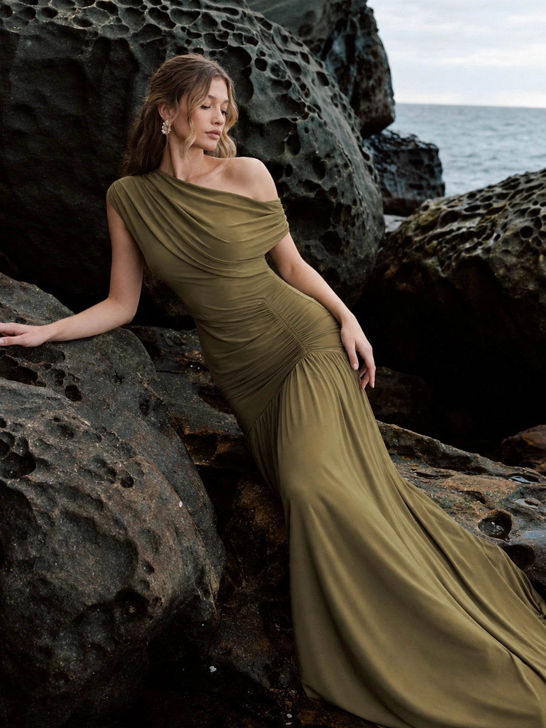 Asymmetric-Neck Maxi Dress With Ruched Detailing