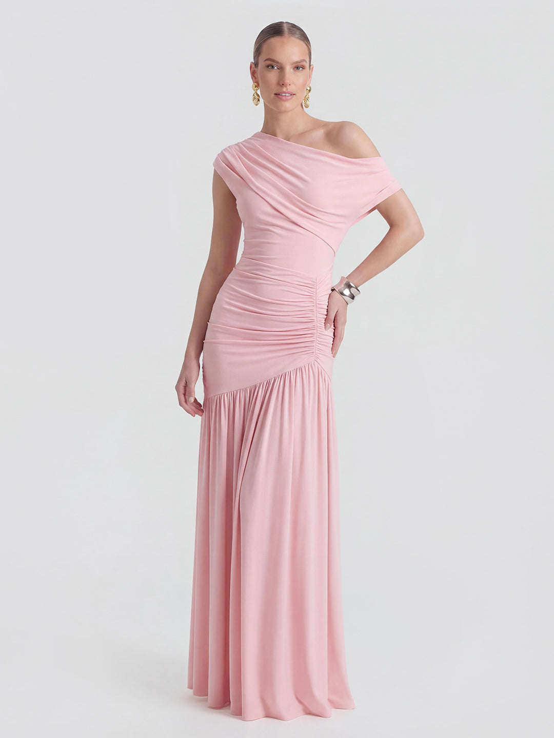 Asymmetric-Neck Maxi Dress With Ruched Detailing