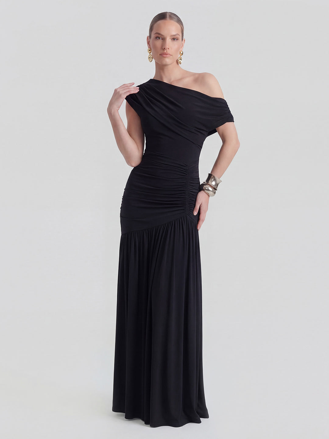 Asymmetric-Neck Maxi Dress With Ruched Detailing