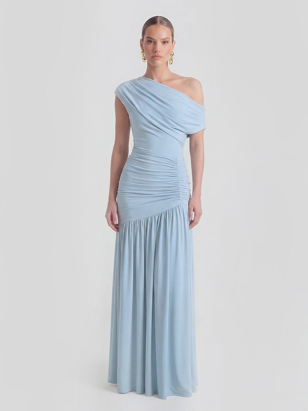 Asymmetric-Neck Maxi Dress With Ruched Detailing
