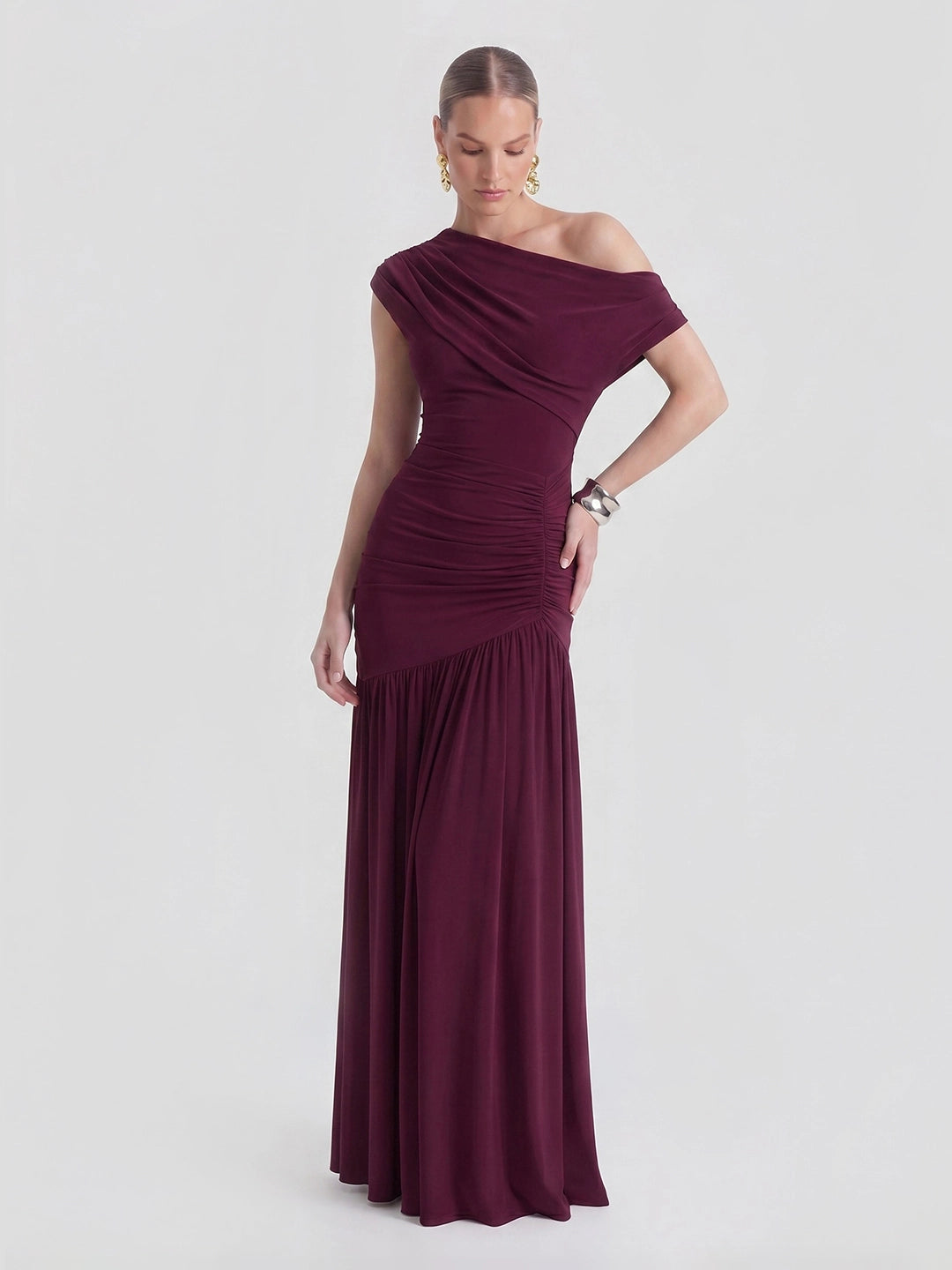 Asymmetric-Neck Maxi Dress With Ruched Detailing