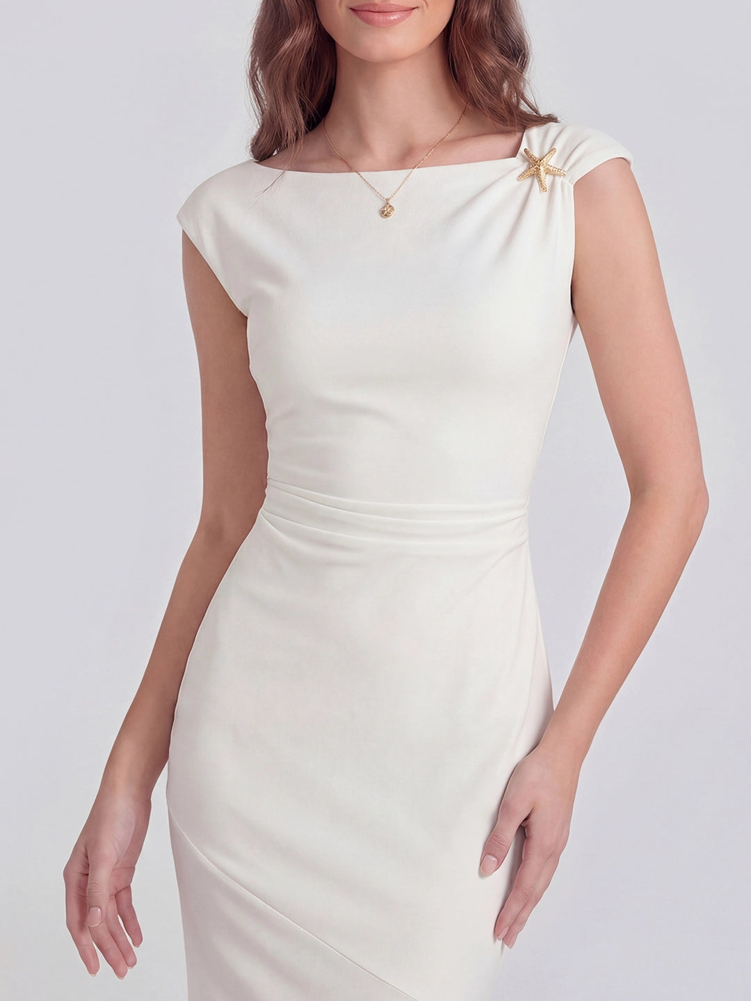 Asymmetric Sleeve Bodycon Gown with Knot-Shoulder Detail