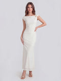 Asymmetric Sleeve Bodycon Gown with Knot-Shoulder Detail