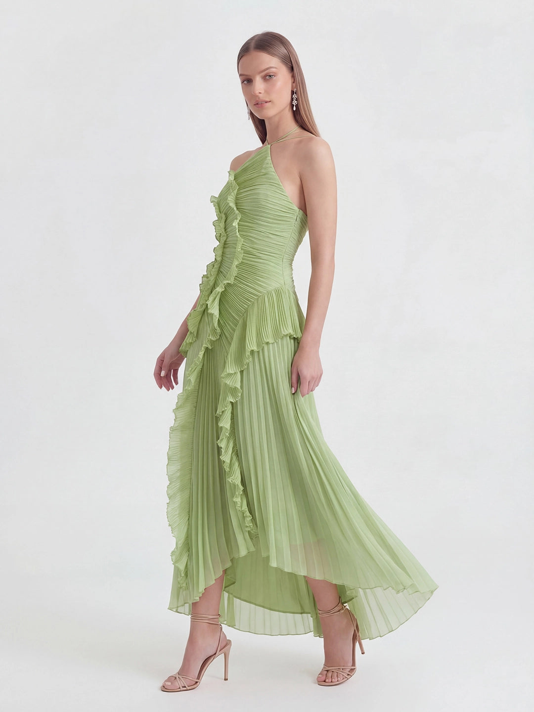 Asymmetry Pleated Halterneck Midi Dress