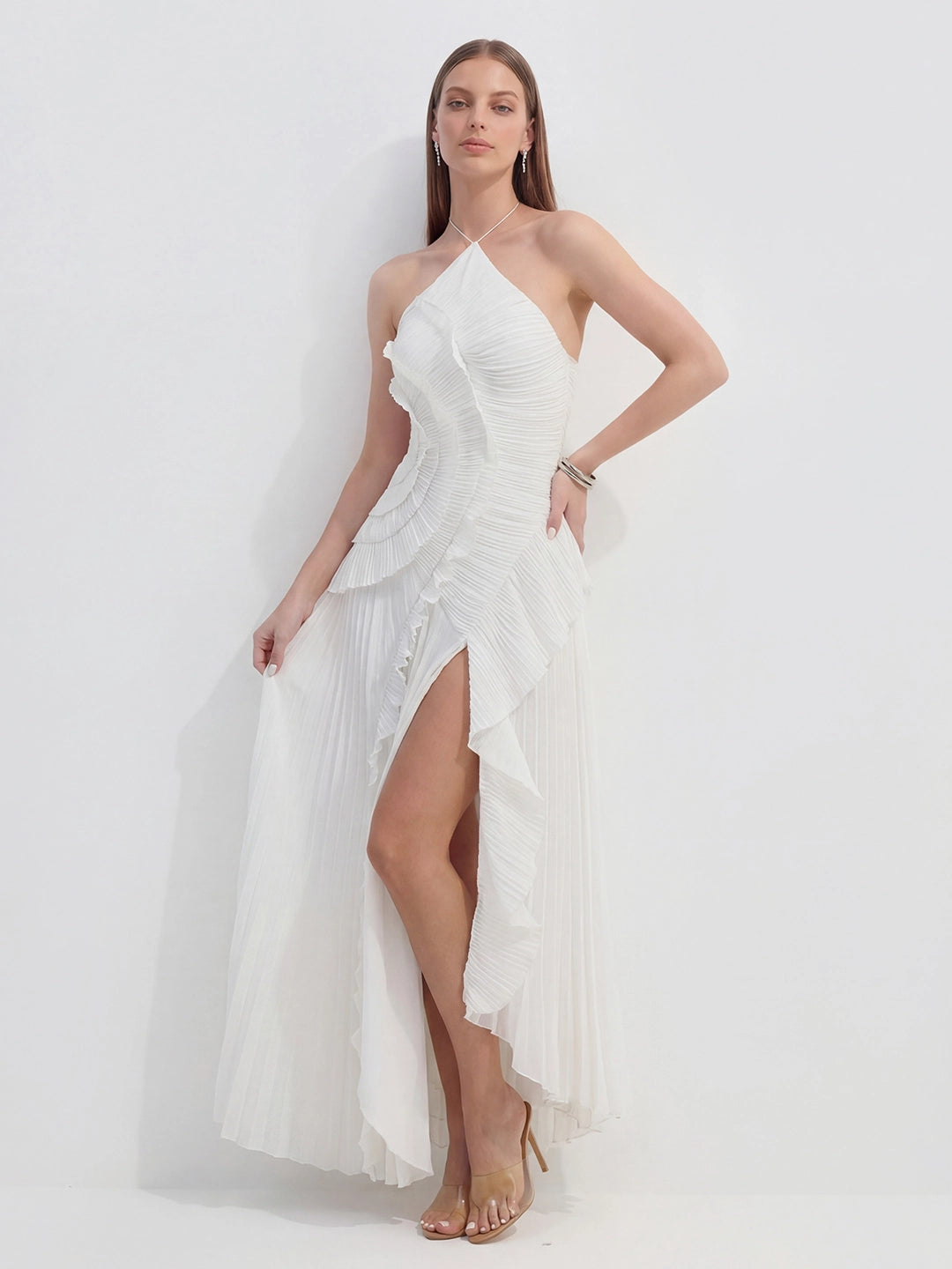 Asymmetric Pleated Halterneck Maxi Dress with High Leg Slit