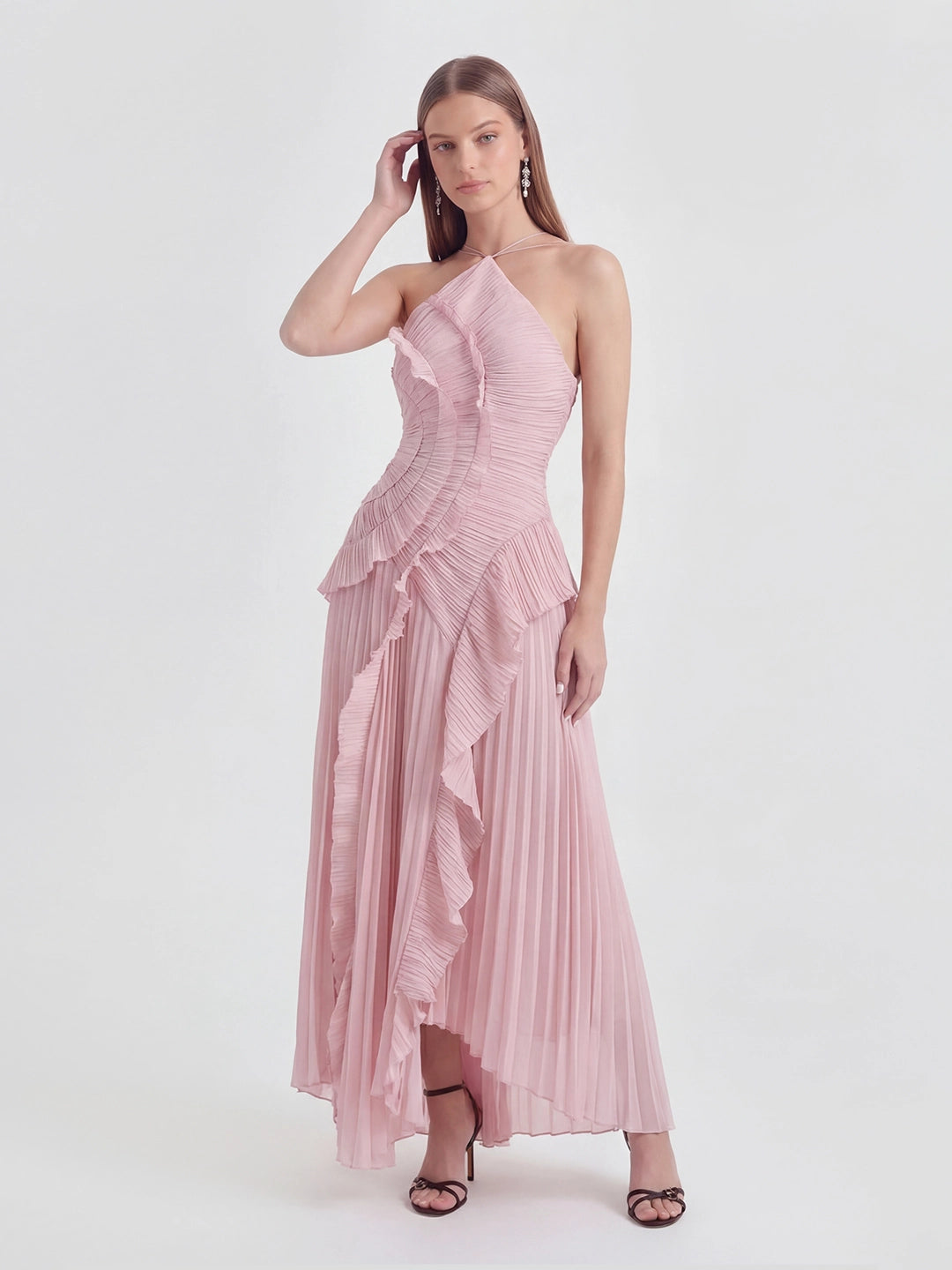 Asymmetry Pleated Halterneck Midi Dress