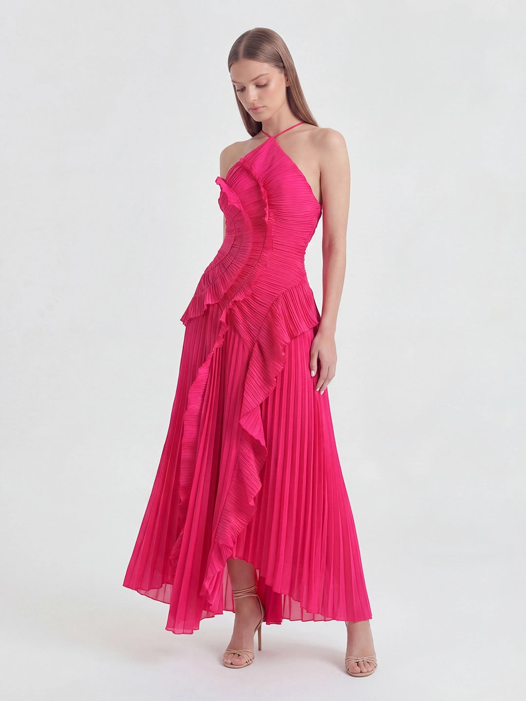 Asymmetry Pleated Halterneck Midi Dress