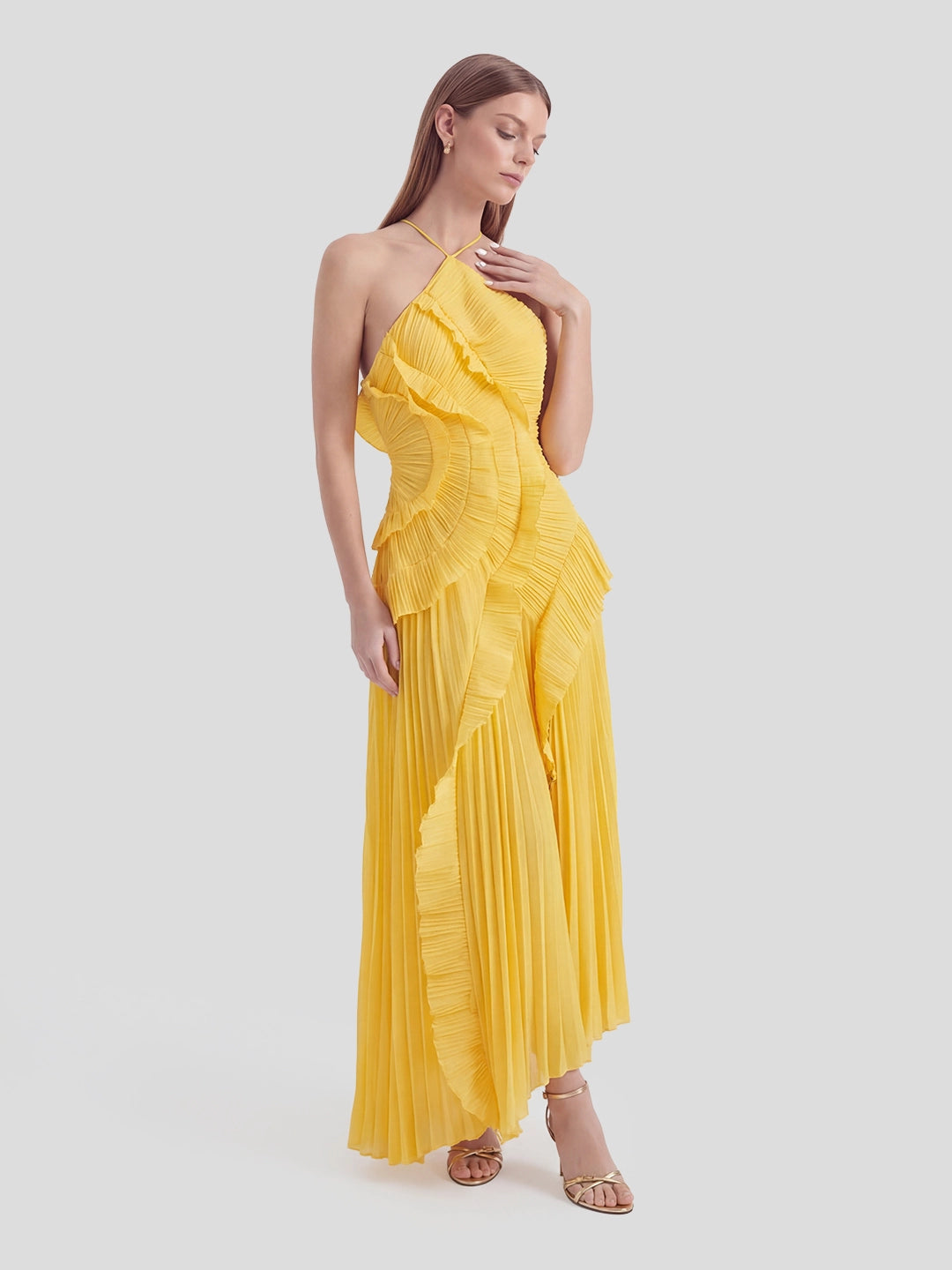 Asymmetry Pleated Halterneck Midi Dress