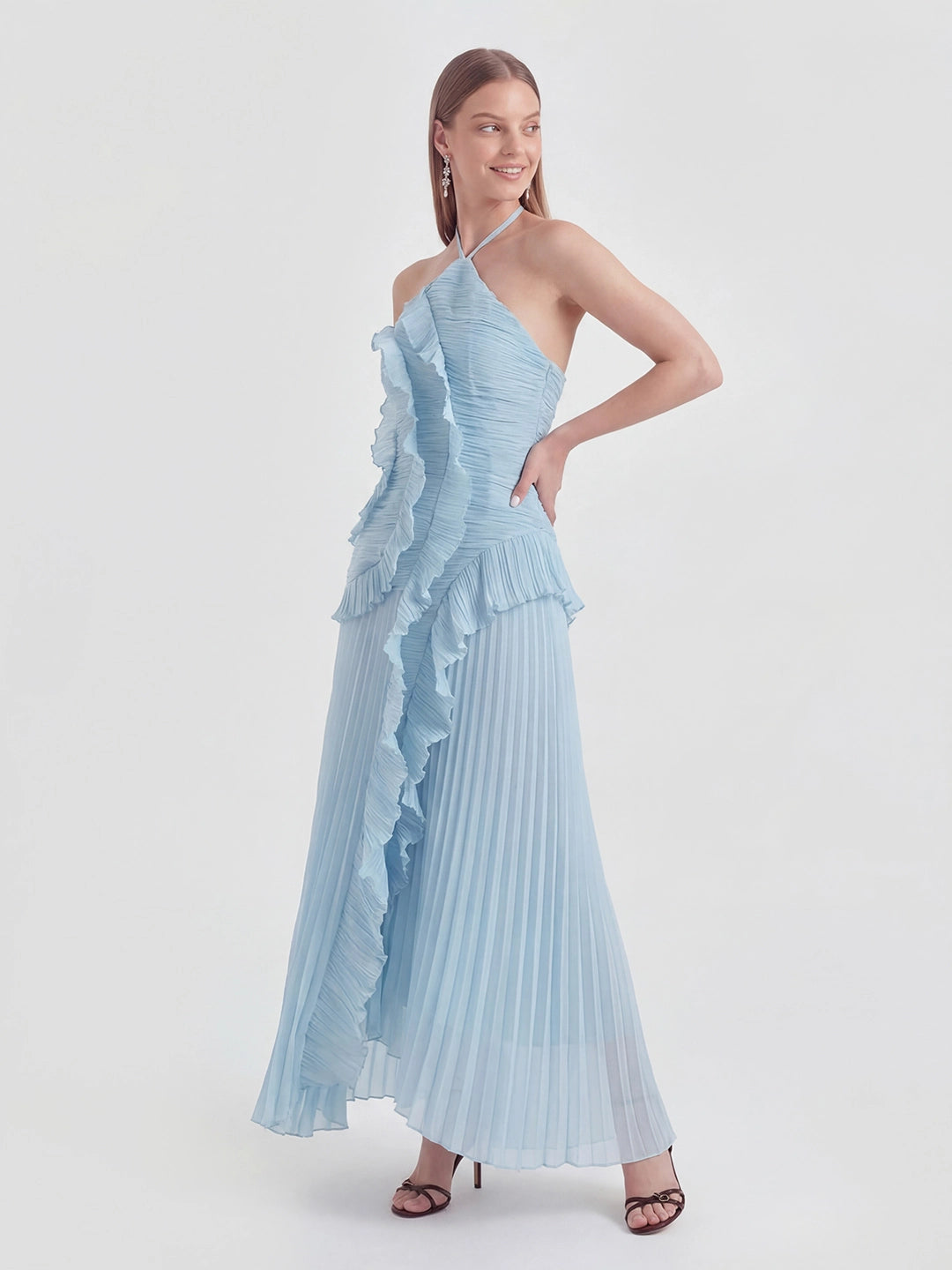 Asymmetry Pleated Halterneck Midi Dress