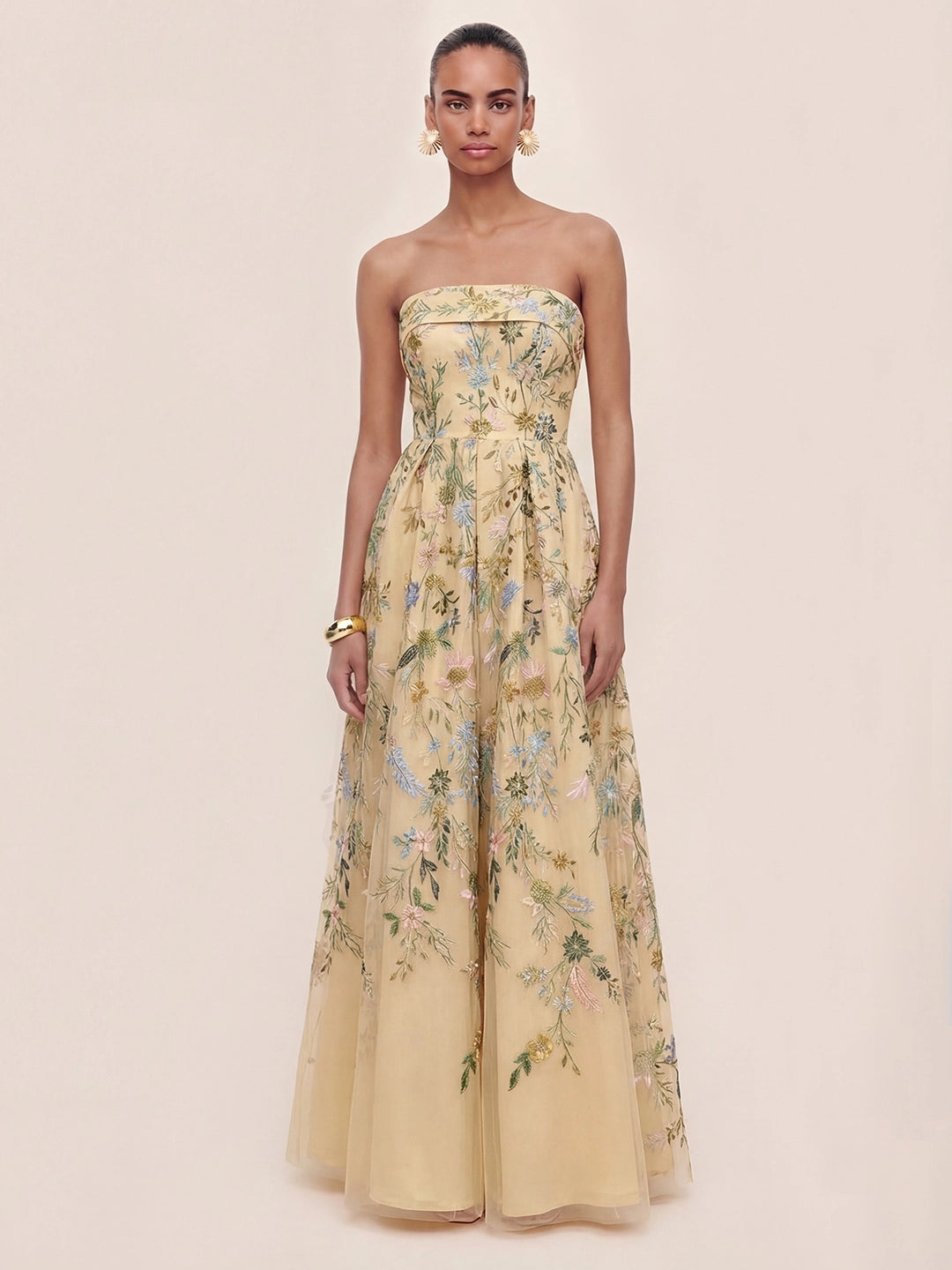 Bandeau Embroidered Tulle Evening Gown