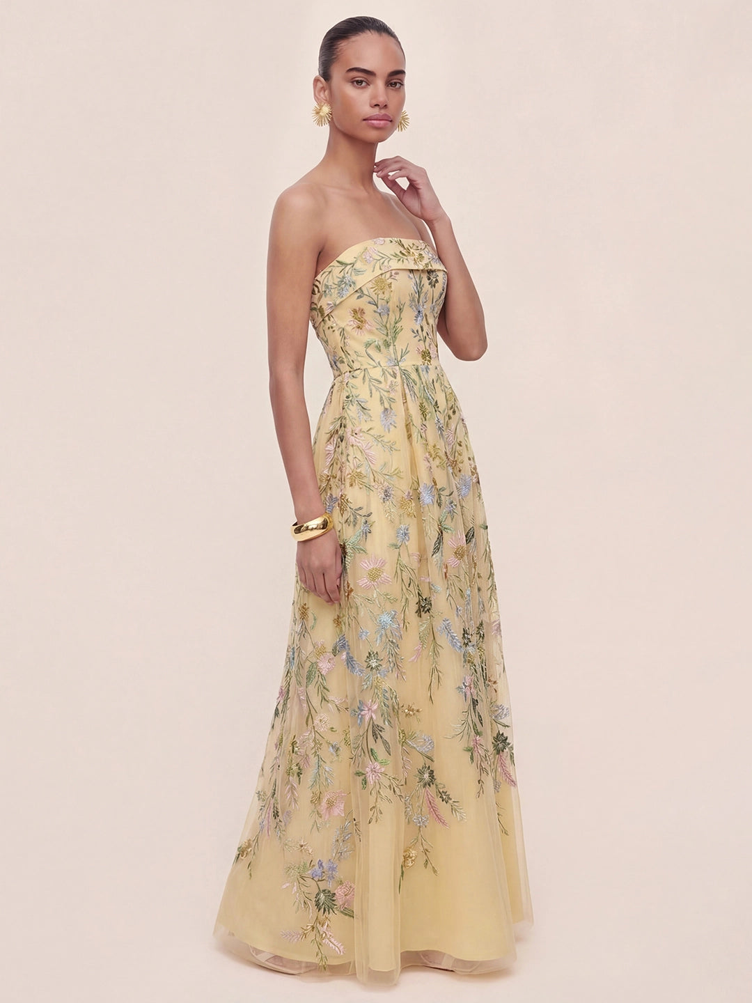 Bandeau Embroidered Tulle Evening Gown