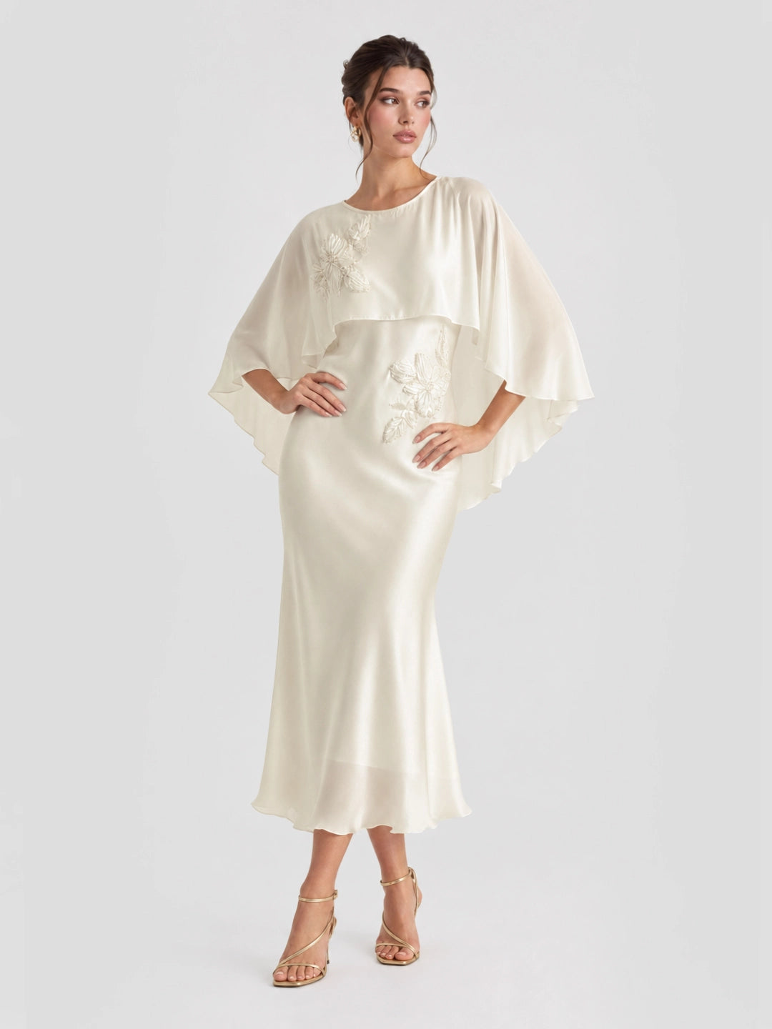 Beaded 3D Flower Embroidery Satin Midi Dress