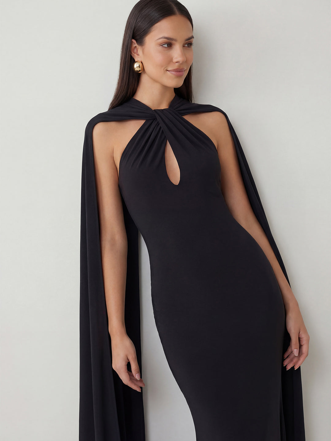 Twist Halter-Neck Cape Maxi Dress