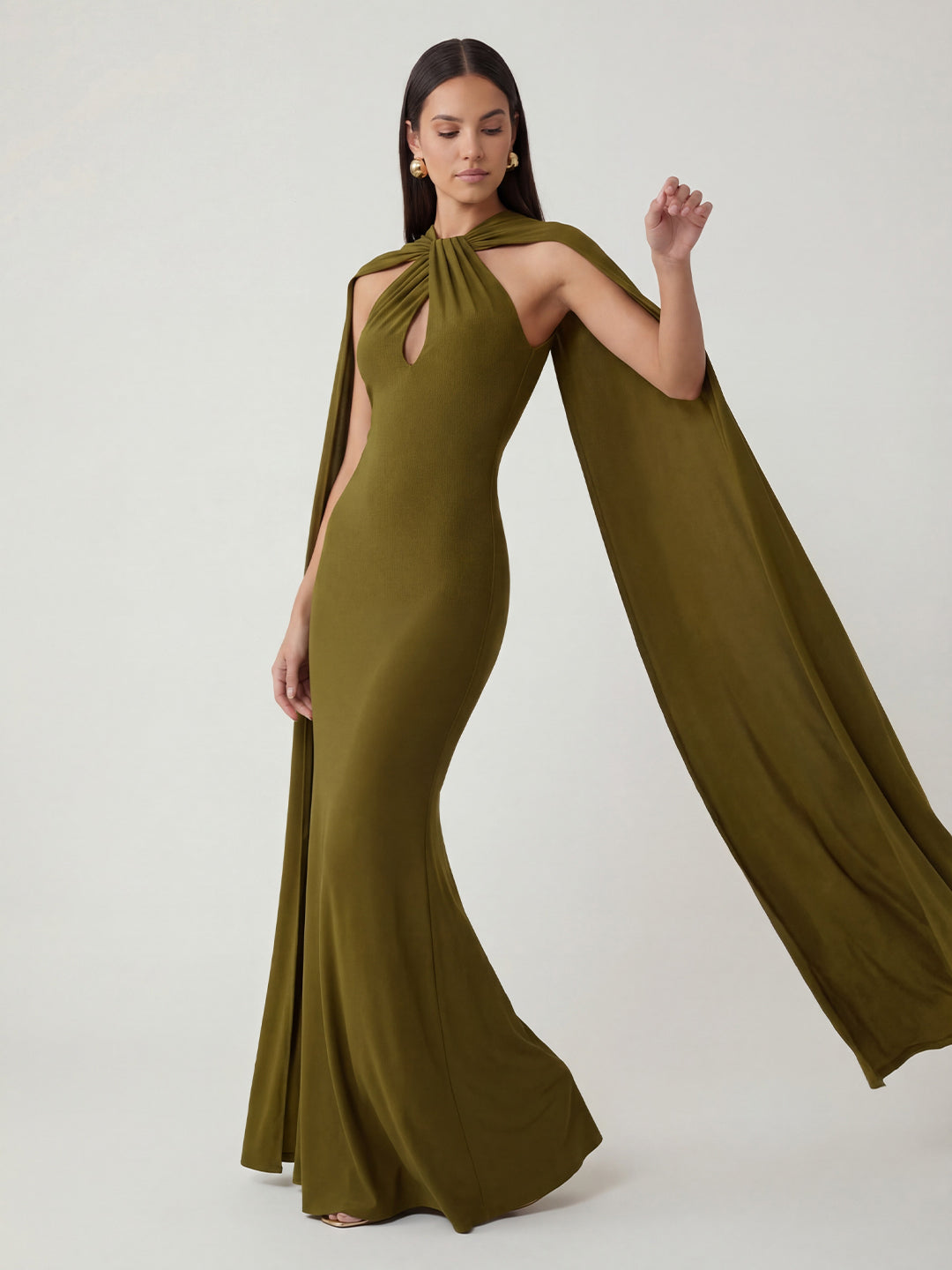 Twist Halter-Neck Cape Maxi Dress