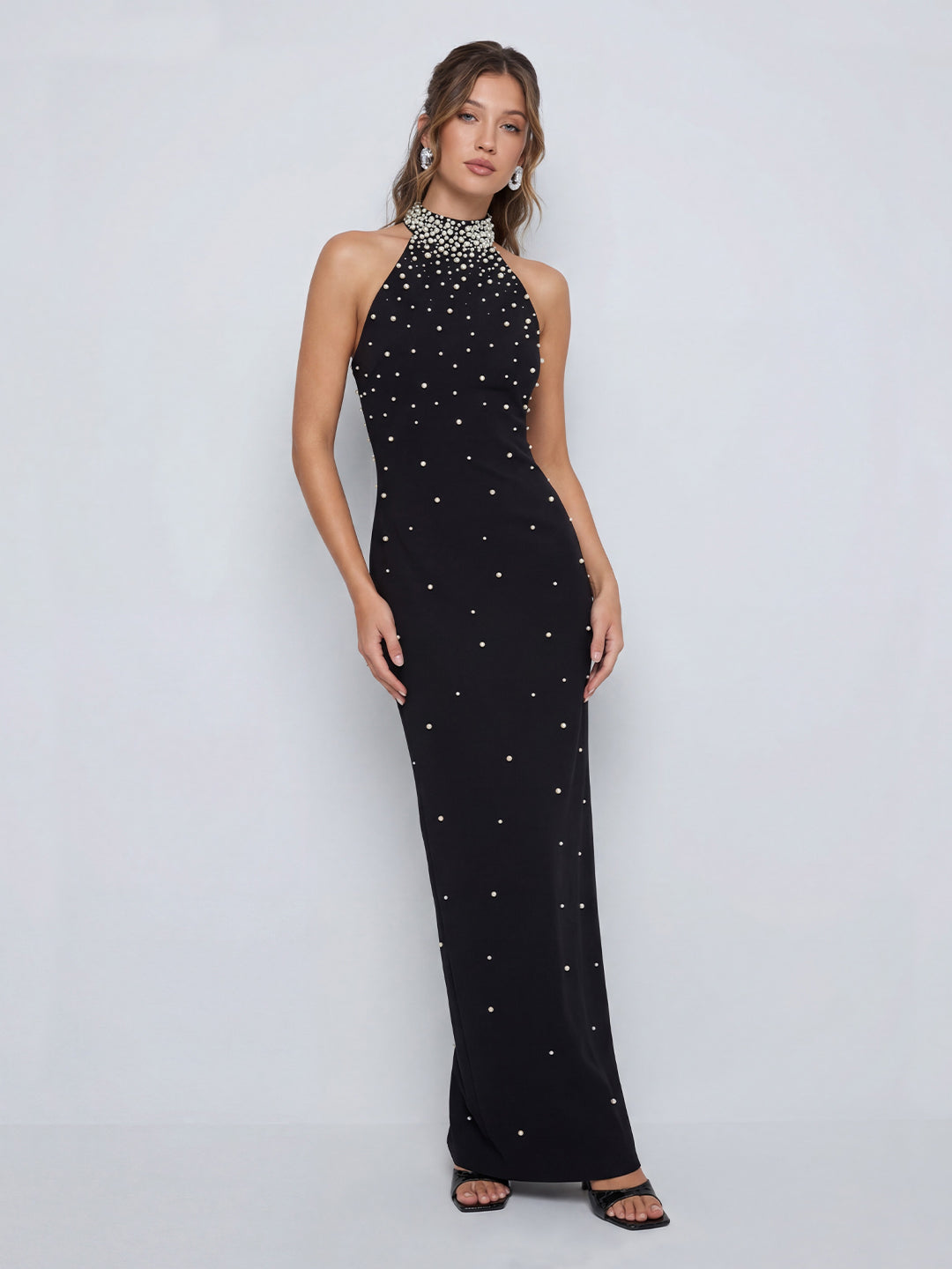 Black Hand-Embellished Halter-Neck Maxi Dress