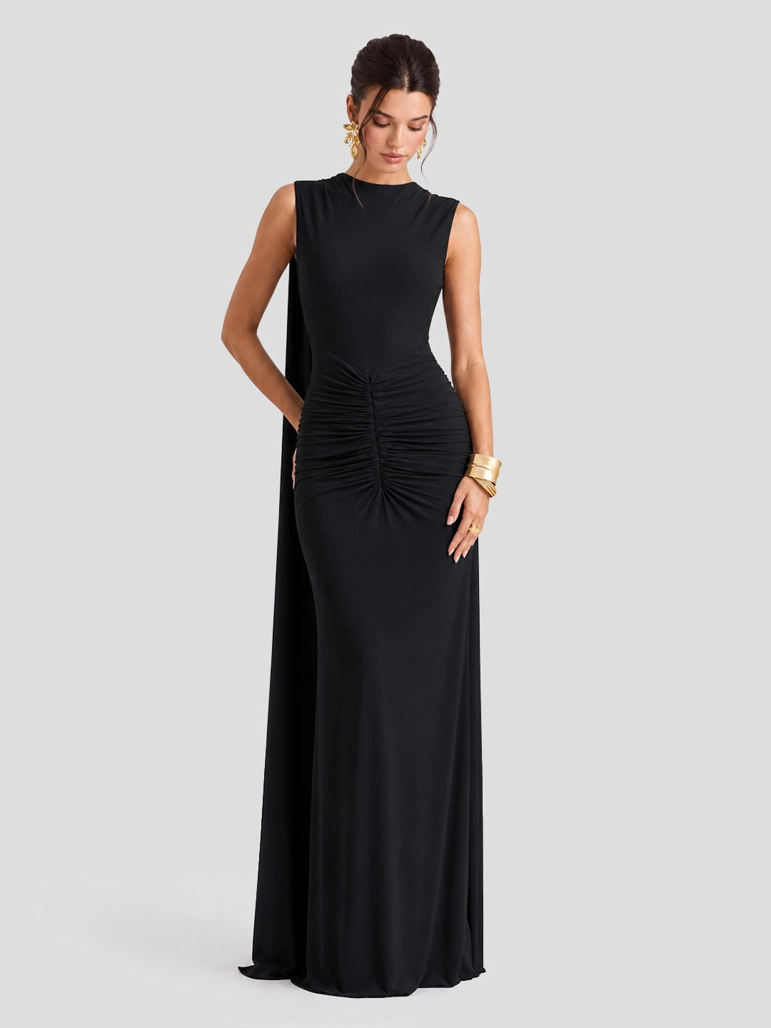 Boat-Neck Maxi Dress With Cape-Sleeves