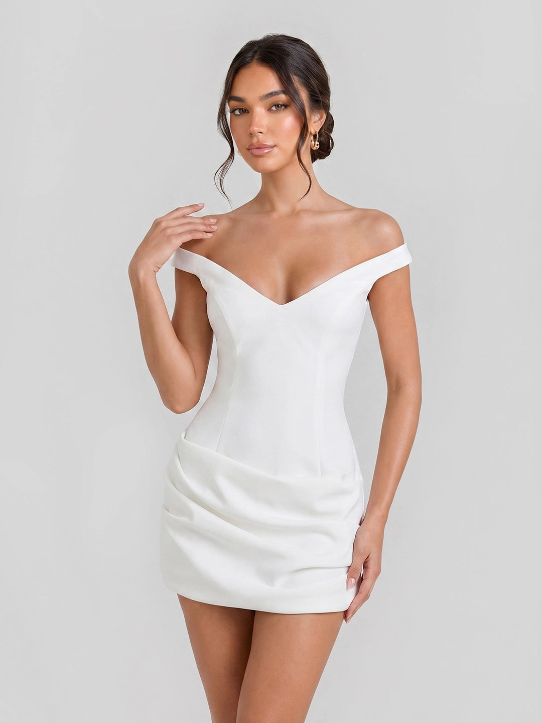 Off-Shoulder Draped Crepe Mini Dress