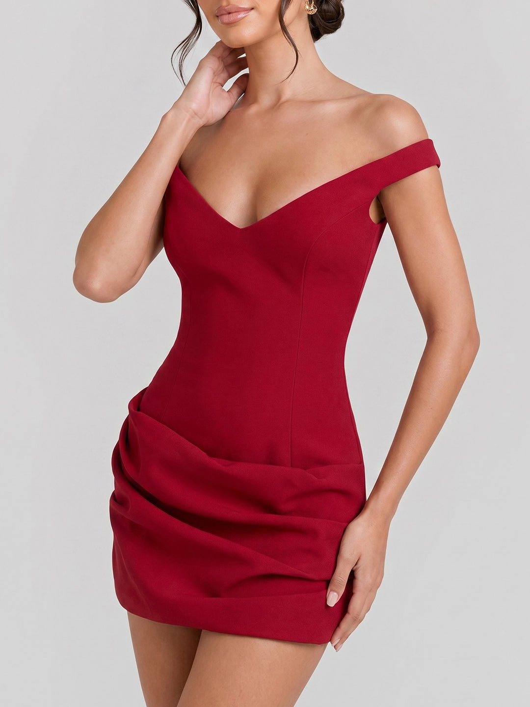 Off-Shoulder Draped Crepe Mini Dress